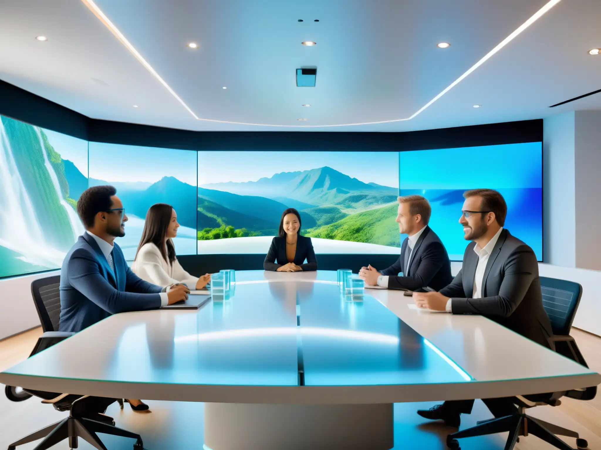 Videoconferencia 5G: Profesionales en acción Profesionales en videoconferencia 5G, con calidad HD y tecnología futurista, en un ambiente profesional y eficiente