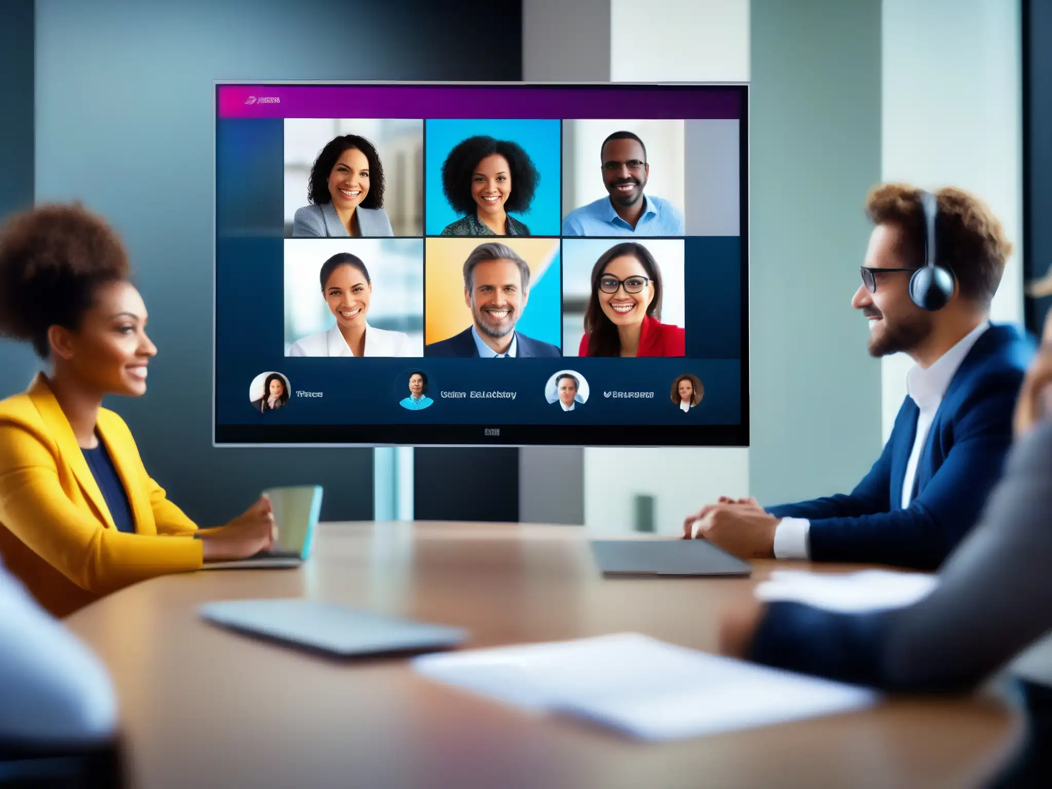 Reunión de profesionales en pantalla HD: calidad superior Profesionales en videoconferencia con calidad de video cristalina y ambiente profesional