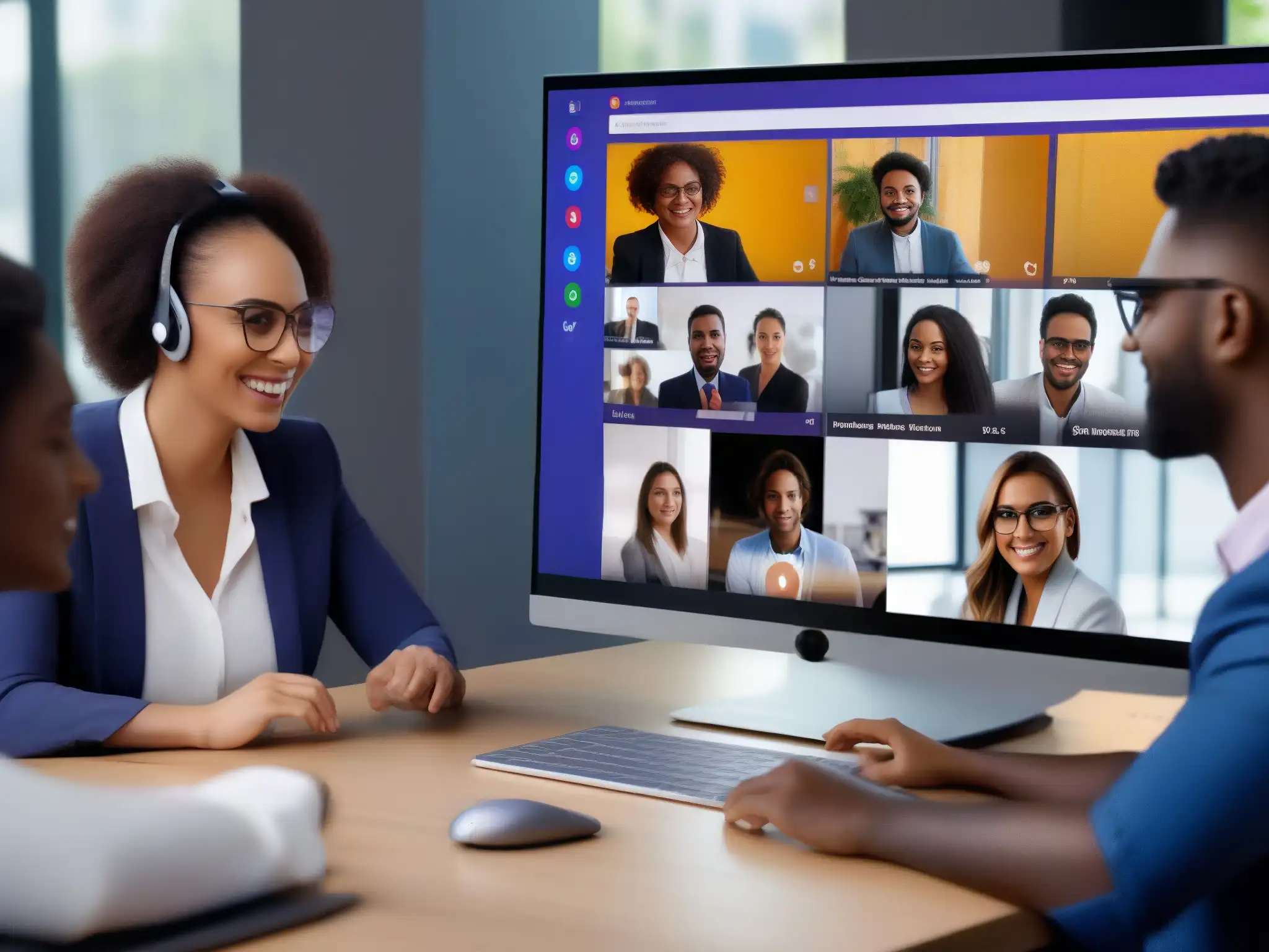 Profesionales integrando Zoom y Microsoft Teams en conferencia Profesionales en videoconferencia comparando características técnicas de Zoom vs Microsoft Teams