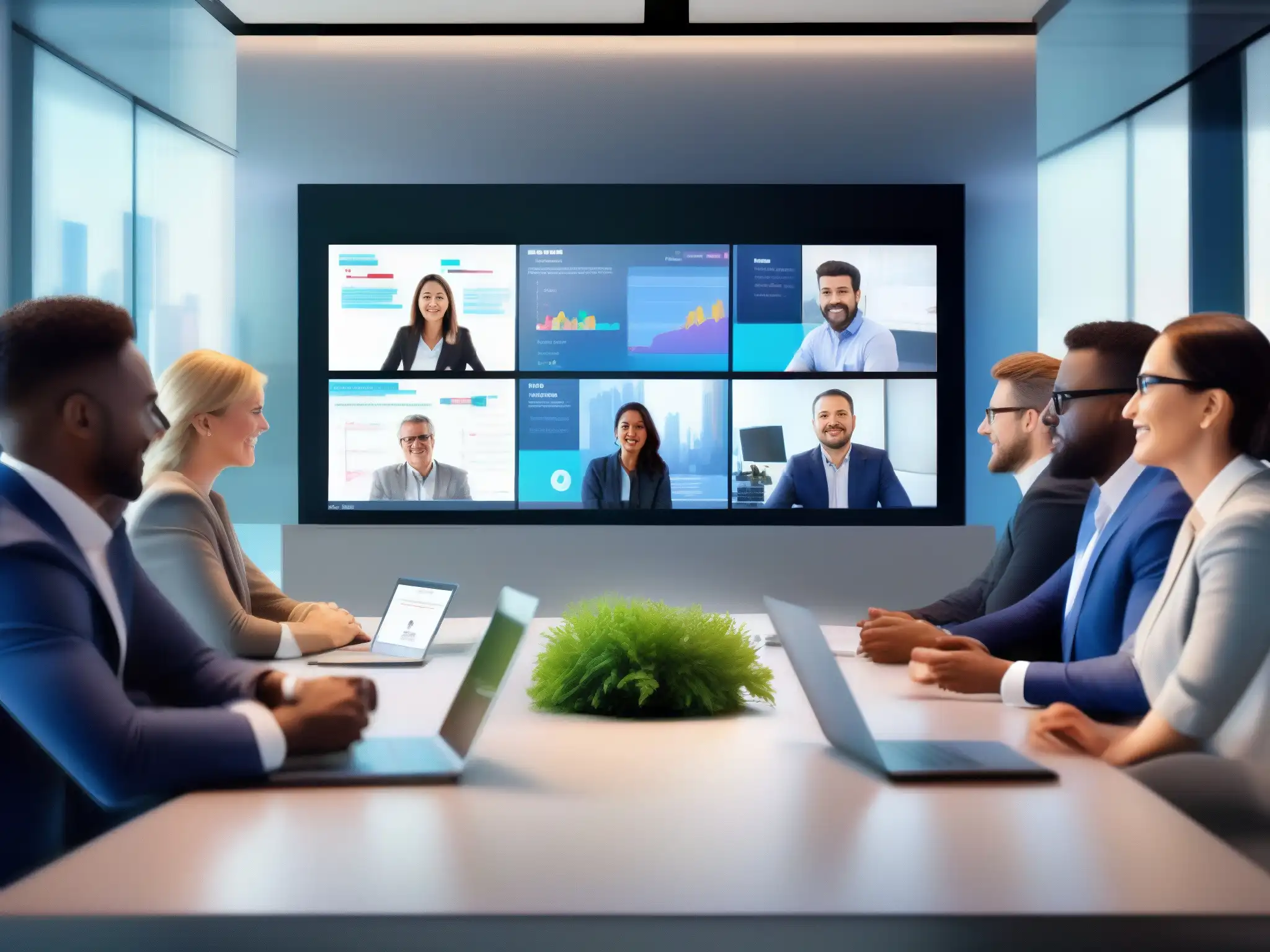 Reunión virtual profesional en Zoom con gráficos dinámicos Profesionales en videoconferencia comparando características técnicas de Zoom vs Microsoft Teams en un entorno dinámico y profesional de trabajo