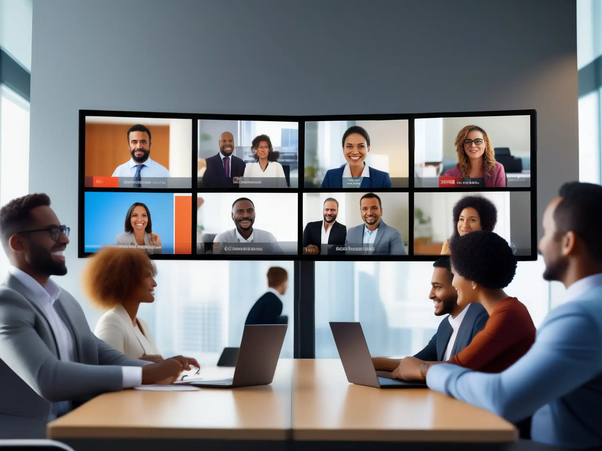 Reunión virtual de profesionales: colaboración dinámica en alta definición Profesionales en videoconferencia, colaboración activa en un entorno virtual moderno