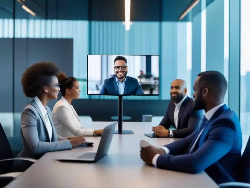 Reunión virtual de profesionales: colaboración efectiva Profesionales participando activamente en una videoconferencia, proyectando colaboración y productividad en la gestión de proyectos