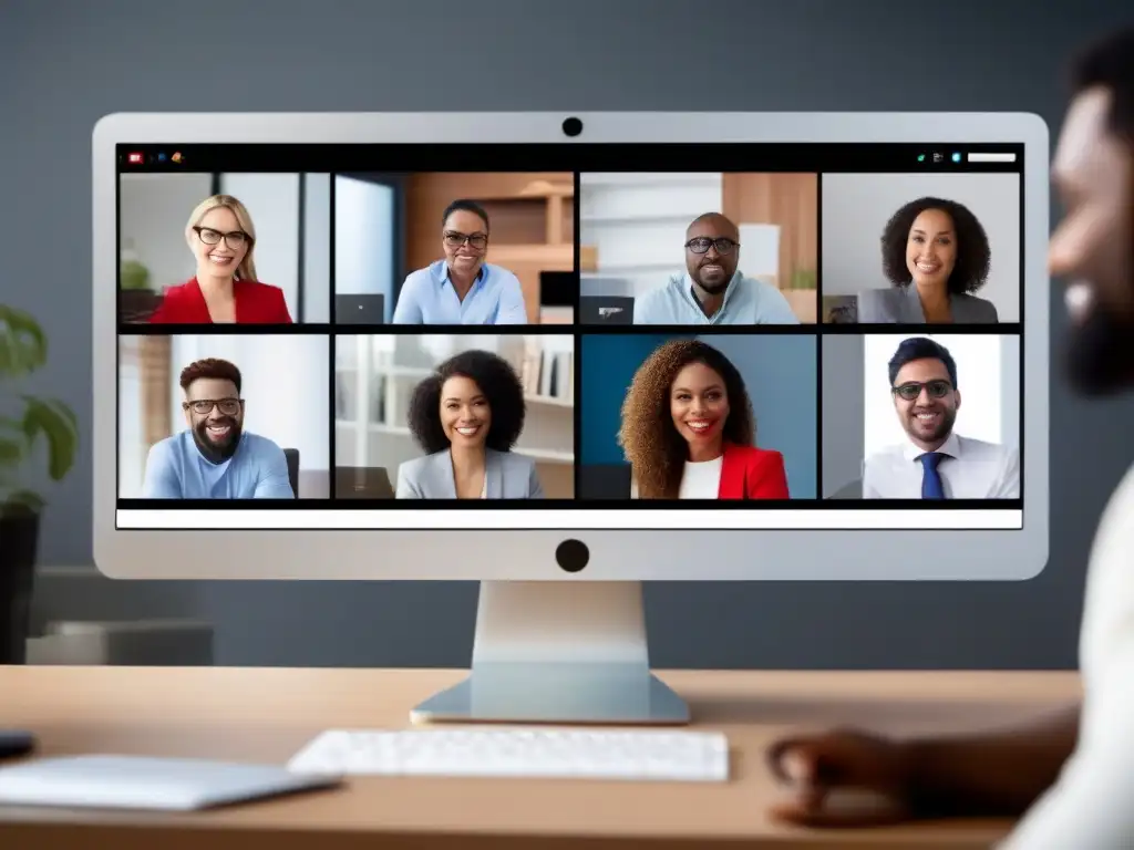 Reunión virtual profesional: colaboración diversa en acción Profesionales diversos participan en una videoconferencia, mostrando colaboración y profesionalismo