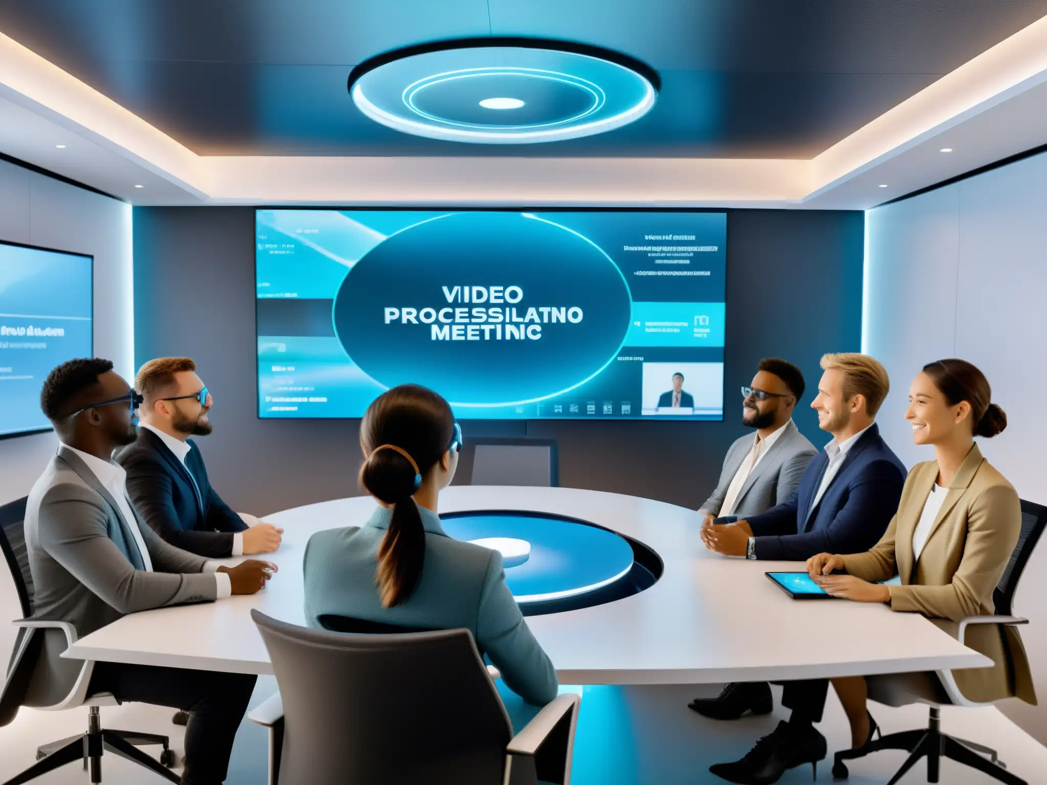 Conferencia virtual con IA y hologramas Profesionales en videoconferencia con IA, mejorando la colaboración virtual con tecnología futurista en una oficina moderna