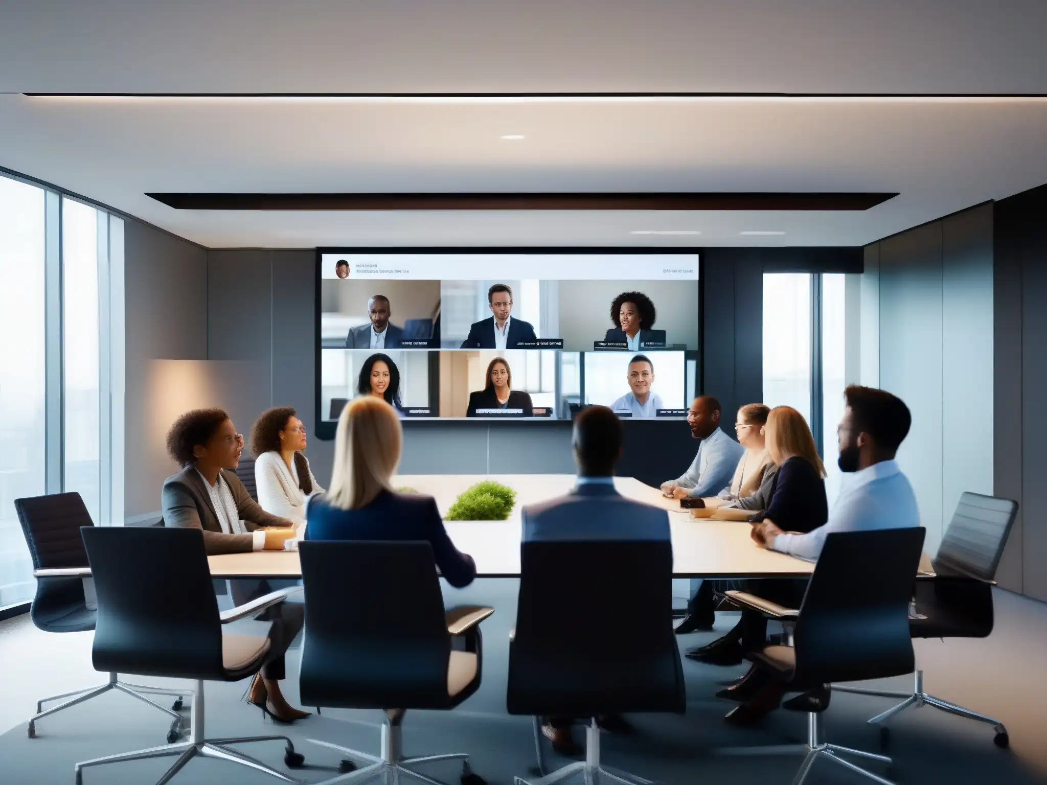 Reunión virtual dinámica con GoToMeeting Profesionales participan en una videoconferencia colaborativa, destacando la comunicación efectiva de GoToMeeting para negocios