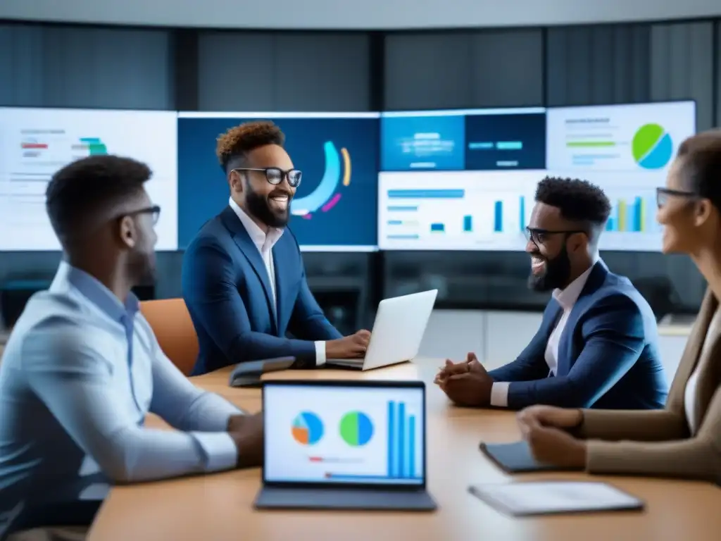 Reunión virtual dinámica de profesionales en GoToMeeting Profesionales diversos participan en una videoconferencia colaborativa y enérgica, destacando las características y beneficios de GoToMeeting en un entorno corporativo innovador