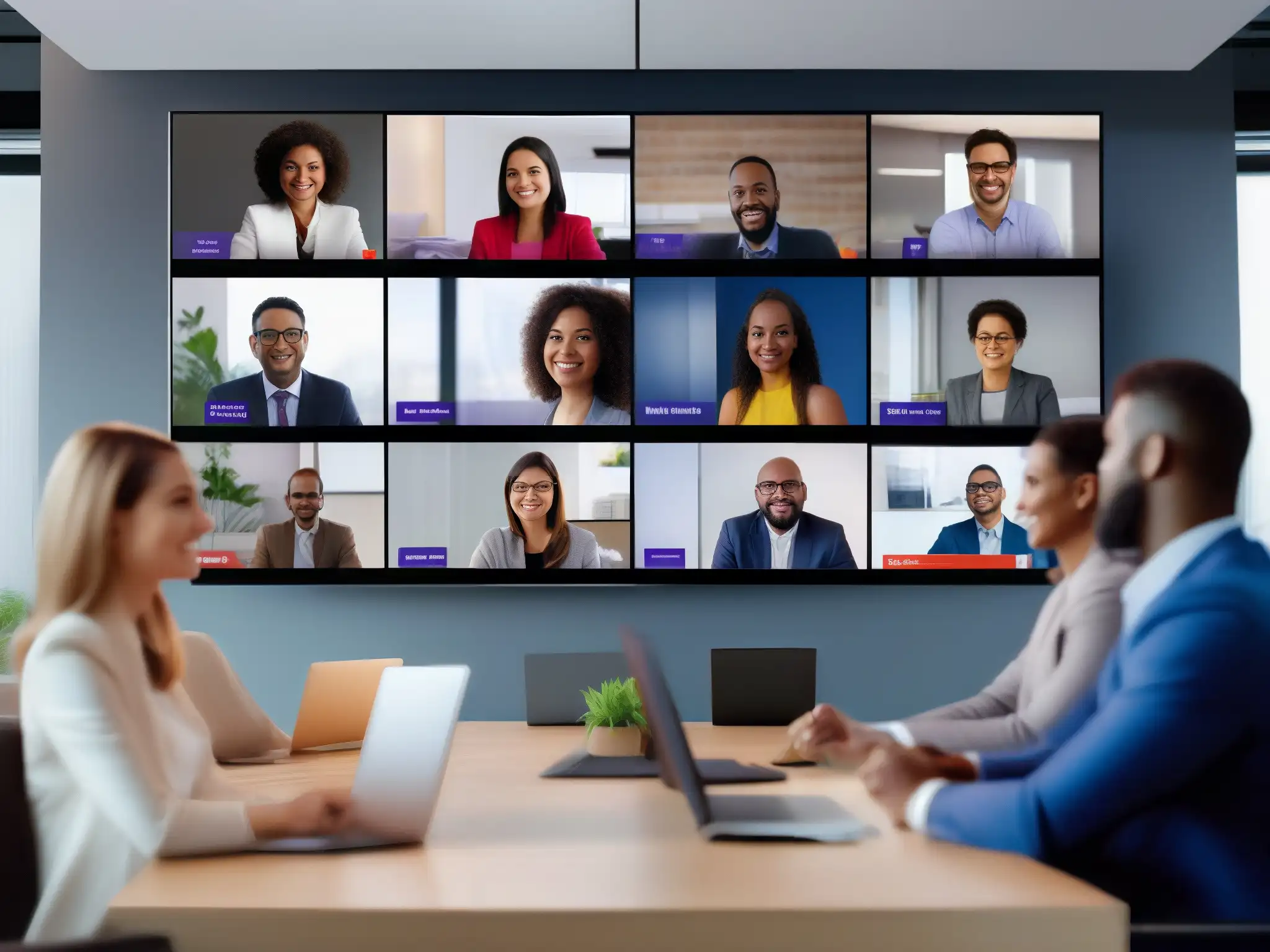Conferencia virtual con Zoom y Microsoft Teams: profesionales enfocados Profesionales en videoconferencia comparativa Zoom Microsoft Teams, ambiente moderno de oficina, discusión enfocada en pantallas