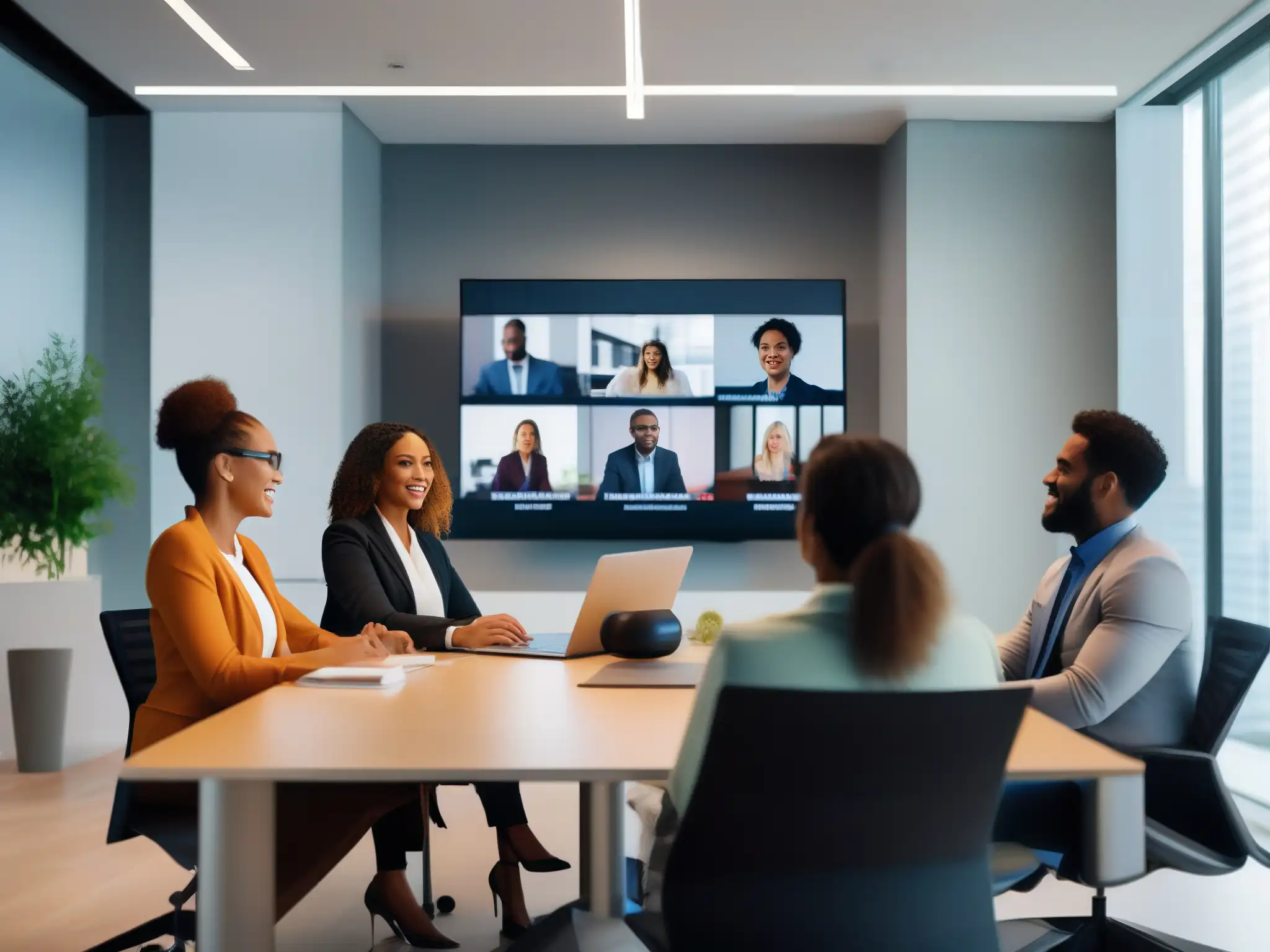 Reunión virtual de profesionales: colaboración y compromiso Profesionales colaboran en videoconferencia, expresando compromiso y eficiencia