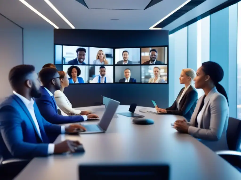Profesionales concentrados en videoconferencia de alta calidad Profesionales en videoconferencia, concentrados en análisis de datos en múltiples pantallas