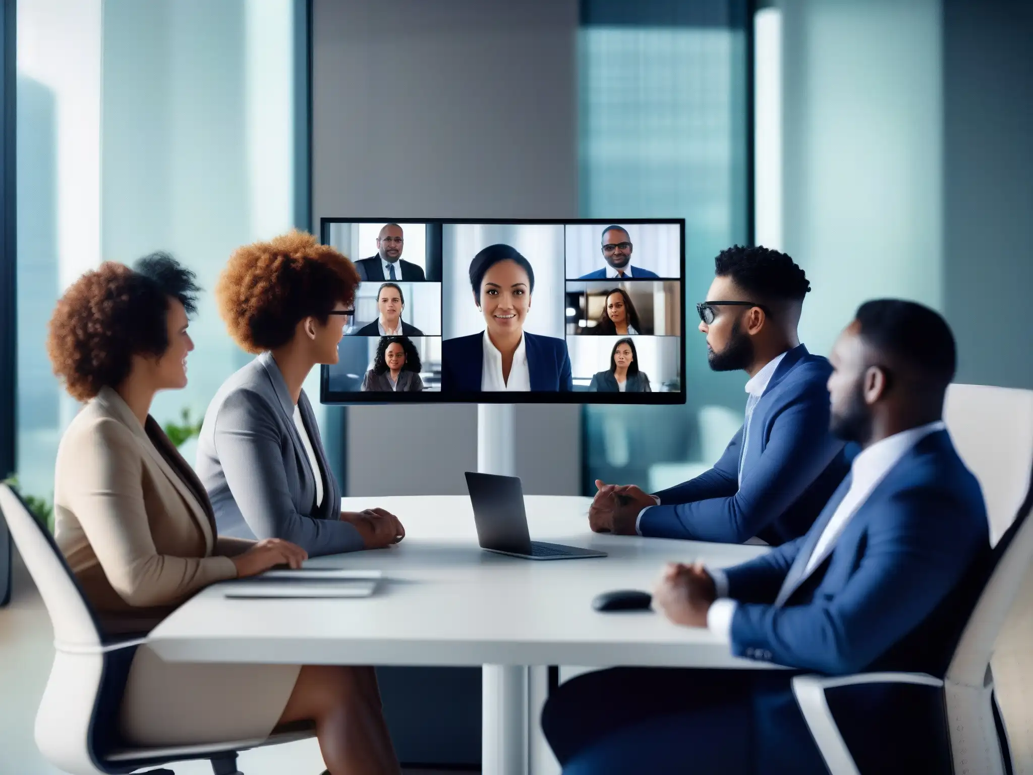 Profesionales concentrados en videoconferencia colaborativa Profesionales en videoconferencia, concentrados y comprometidos