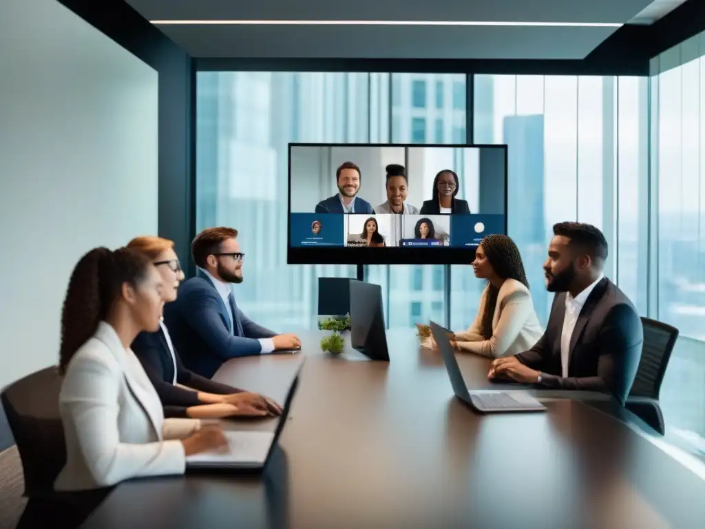 Videoconferencia profesional: colaboración y determinación Profesionales en videoconferencia, concentrados y determinados en una oficina moderna con luz natural
