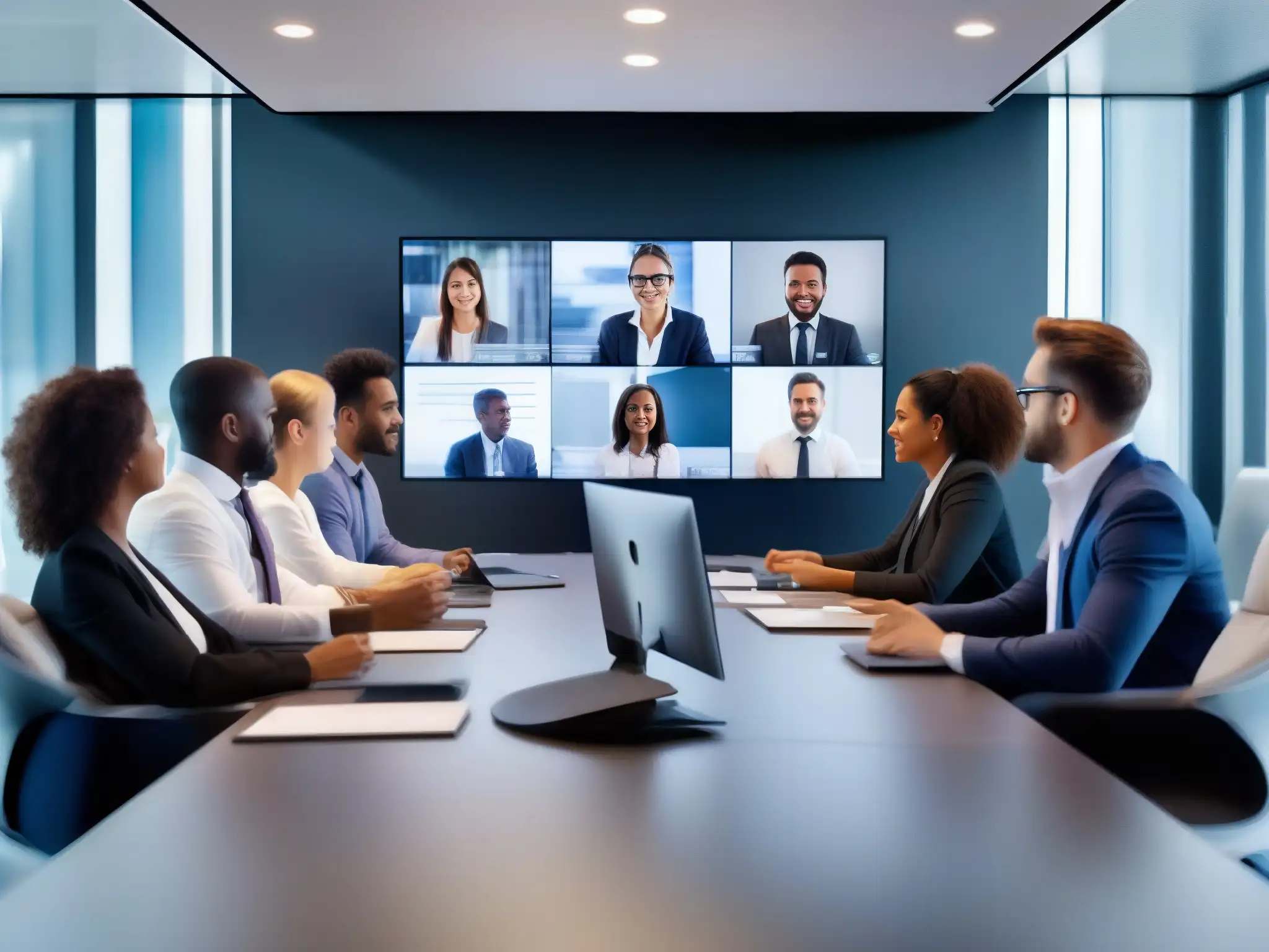 Equipo profesional en videoconferencia: eficiencia y concentración Profesionales en videoconferencia, concentrados en la gestión de proyectos