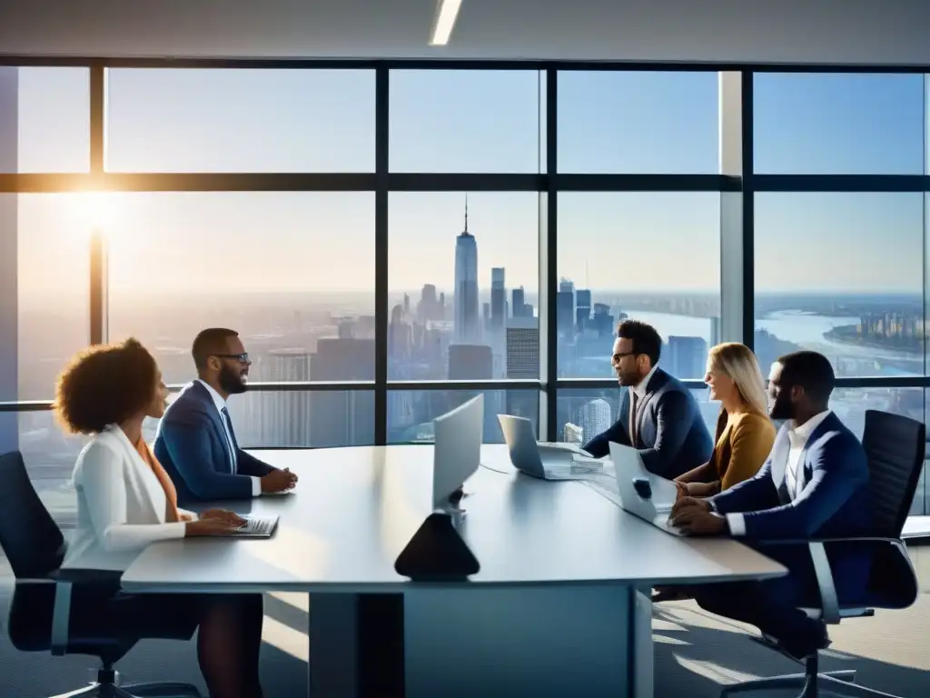 Reunión virtual de profesionales en oficina moderna Profesionales en videoconferencia, concentrados y productivos en un espacio moderno y luminoso
