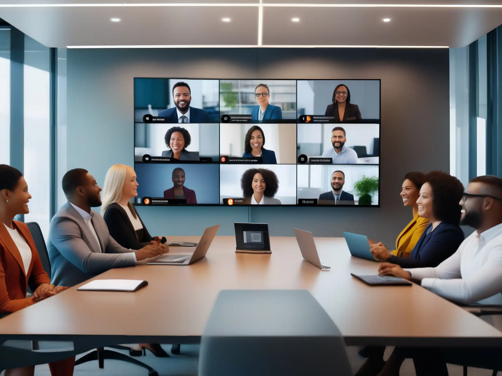 Videoconferencia de profesionales: colaboración efectiva con IA Profesionales diversos colaboran en videoconferencia, mostrando conectividad y comunicación efectiva gracias a la tecnología de IA