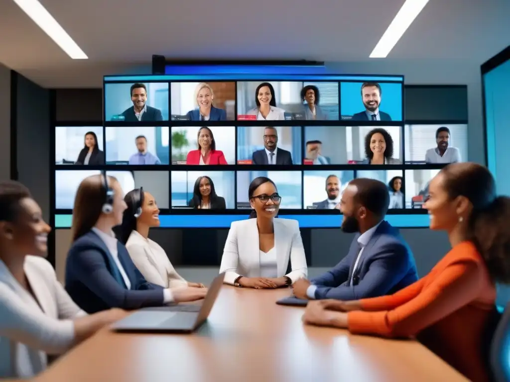 Videoconferencia profesional con conexión de alta calidad Profesionales en videoconferencia con conexión de alta calidad, expresiones faciales visibles y ambiente moderno
