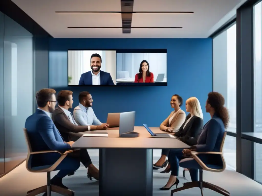 Videoconferencia profesional: colaboración sofisticada Profesionales en videoconferencia BlueJeans LinkedIn, transmitiendo confianza y colaboración en un entorno moderno y profesional