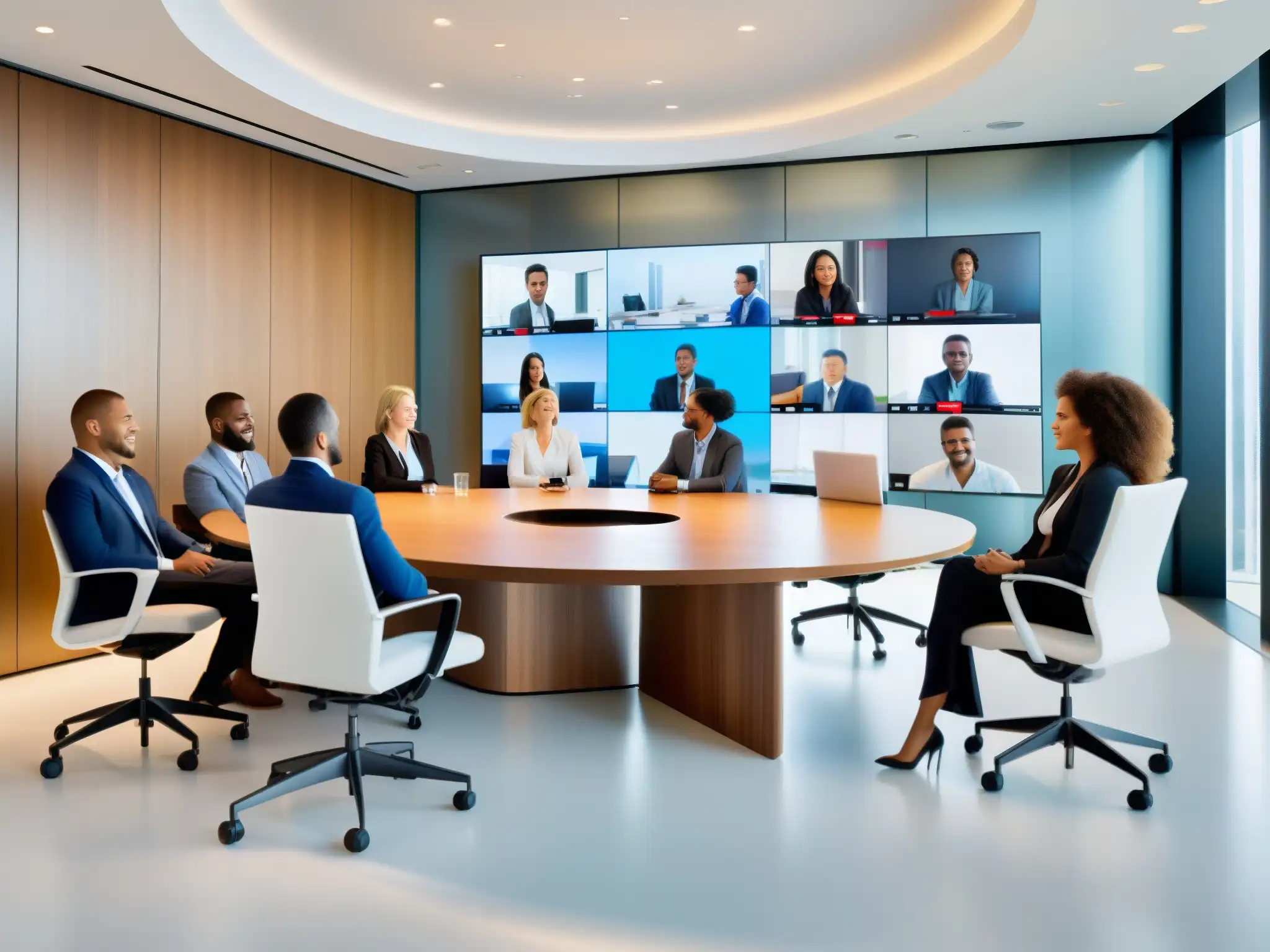 Conferencia virtual personalizada para reuniones productivas 'Profesionales en videoconferencia con configuración personalizada, discutiendo en una sala luminosa y moderna'
