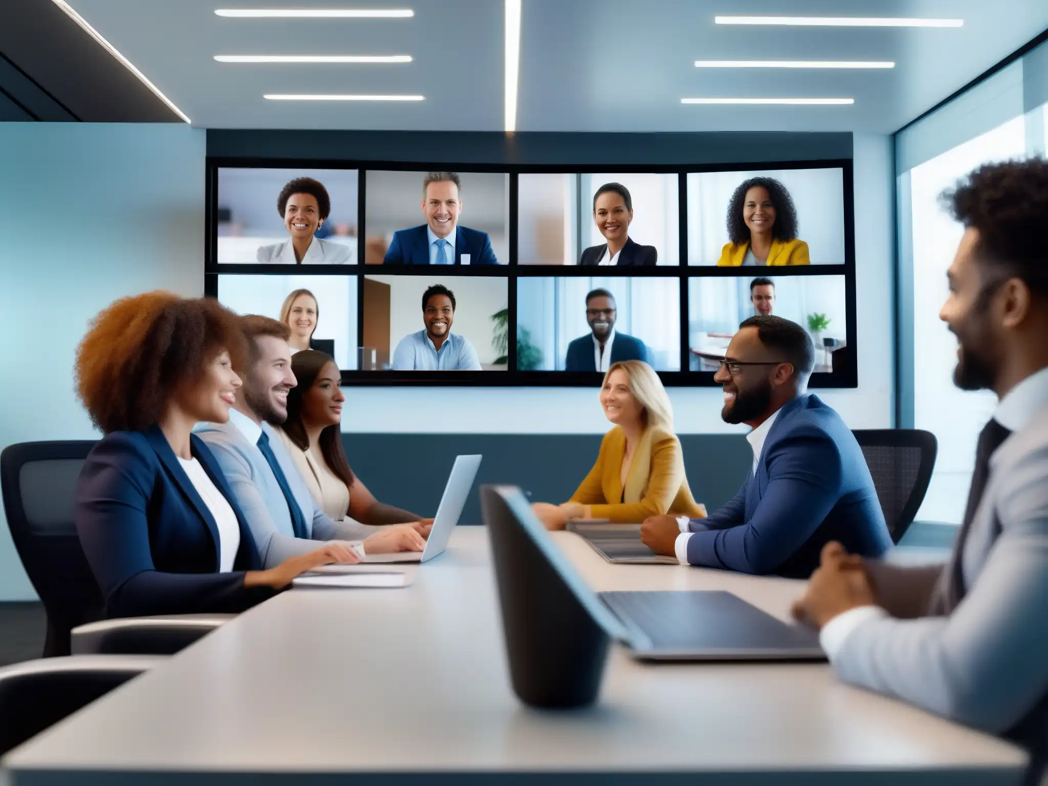 Videoconferencia dinámica con diversidad en entorno profesional Profesionales en videoconferencia aplicando consejos para reducir tiempo muerto