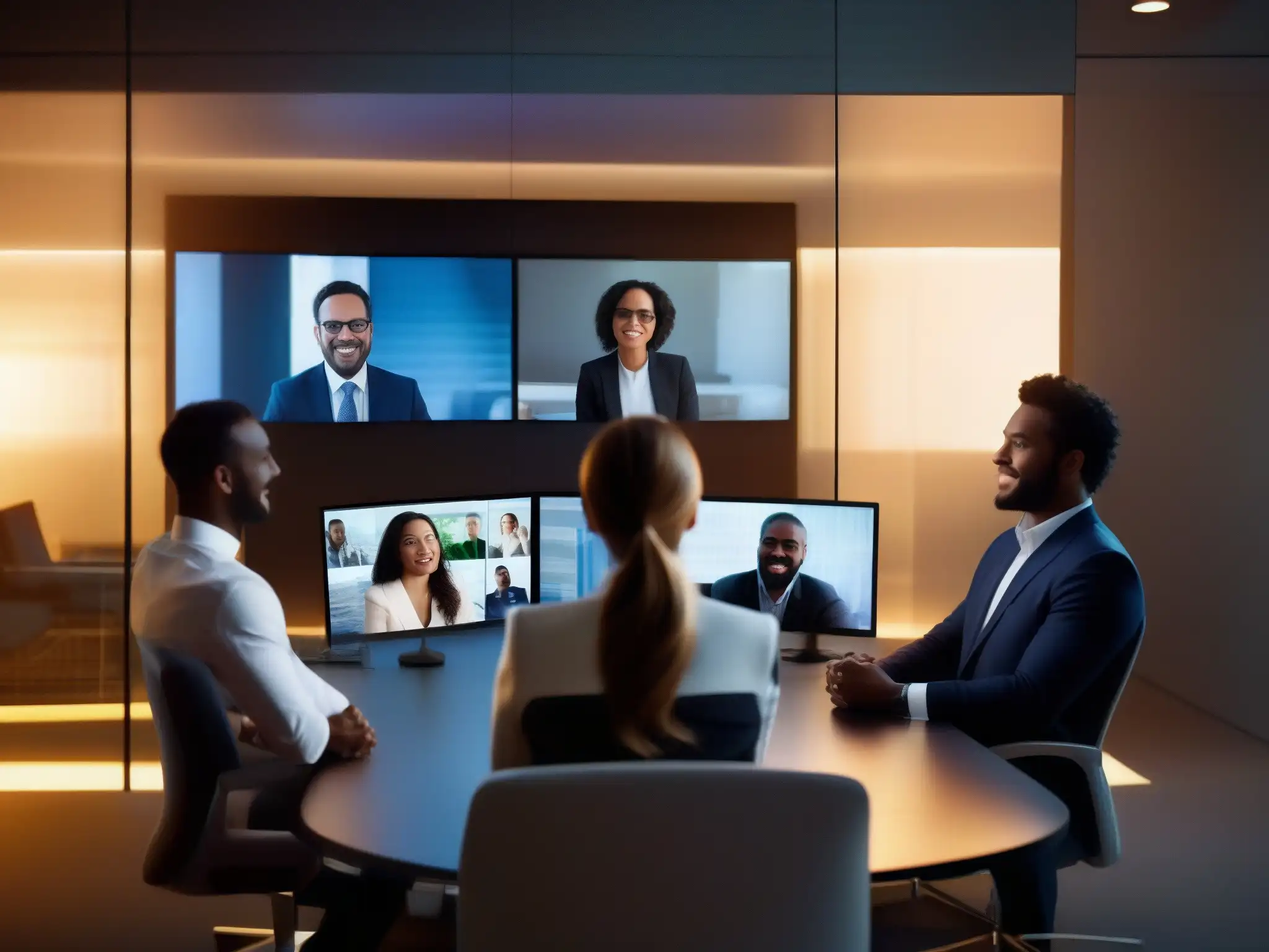 Profesionales colaborando en videoconferencia de alta calidad Profesionales en videoconferencia corporativa 2023, colaborando con eficiencia en un entorno moderno y dinámico