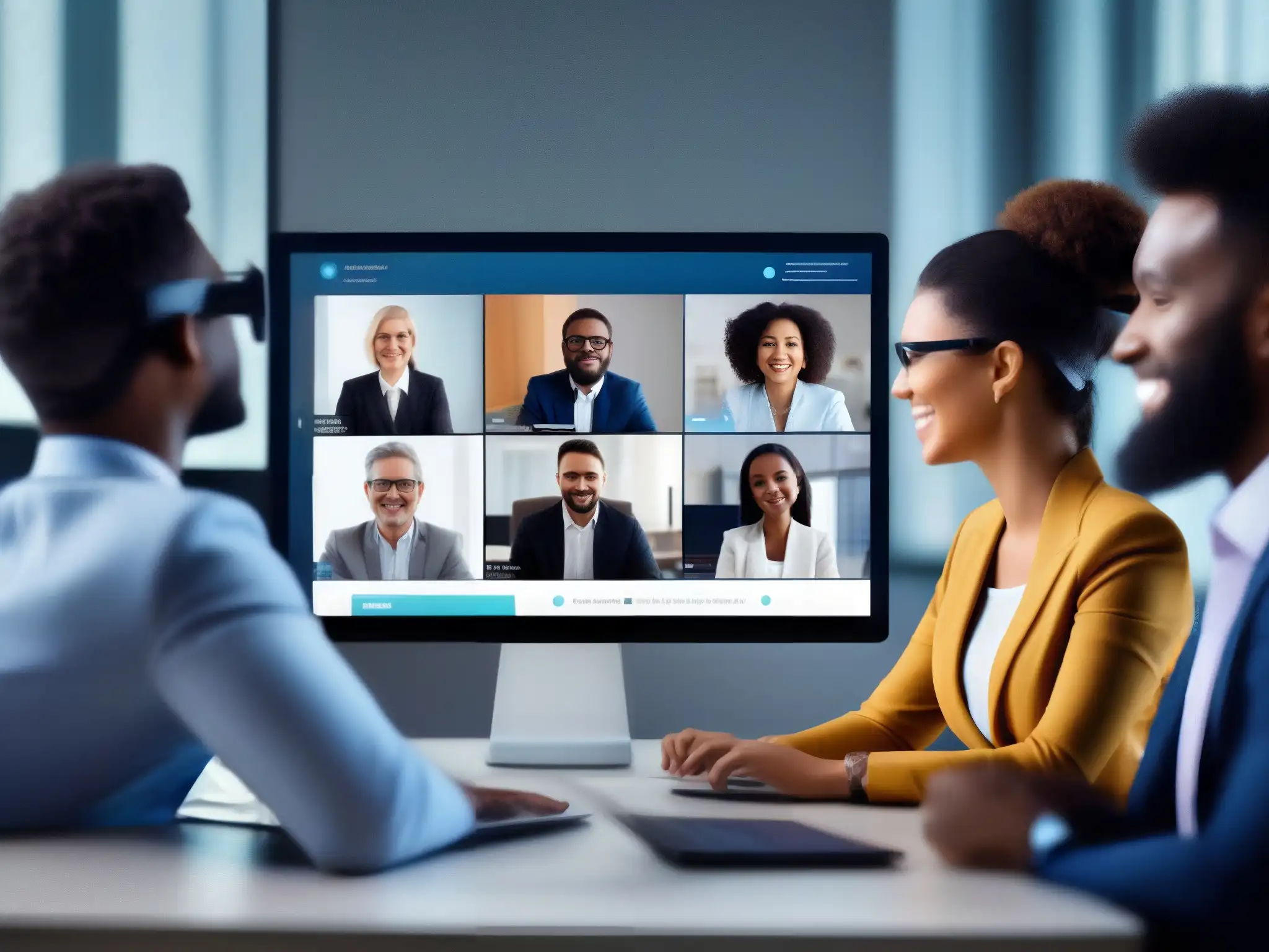 Reunión virtual de negocios: eficiencia y profesionalismo en 2023 Profesionales en videoconferencia corporativa 2023, interactuando en plataforma moderna y eficiente, enfocados y comprometidos
