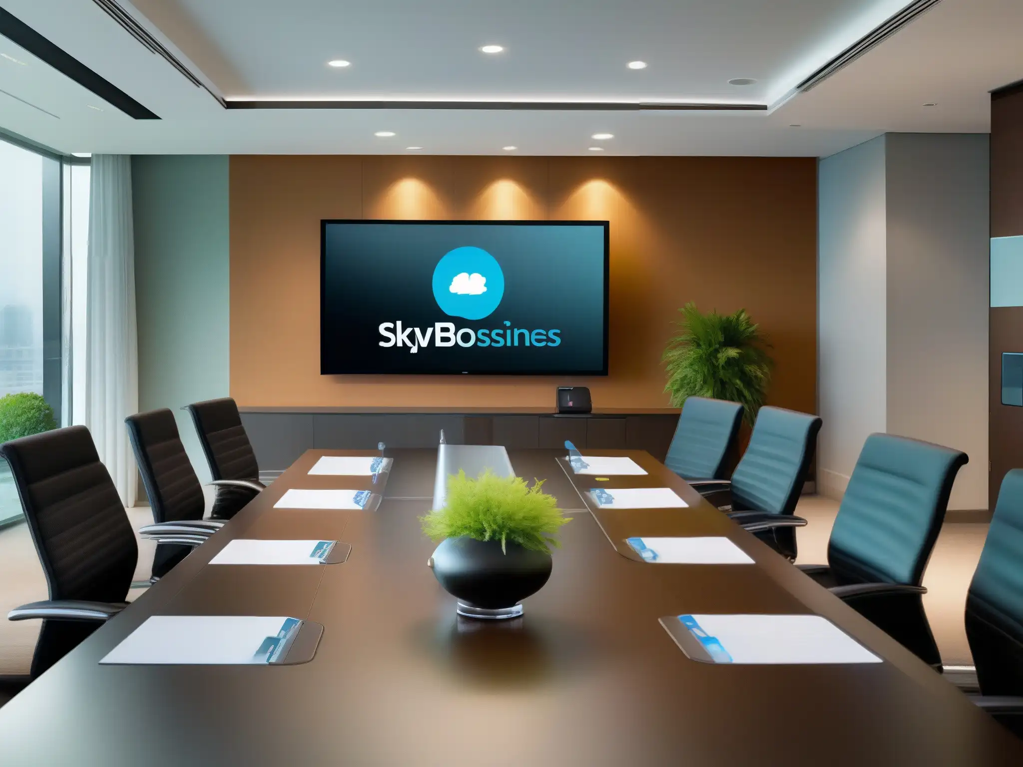 Sala de conferencias moderna con videoconferencia Webex y Skype Profesionales en videoconferencia corporativa con Webex y Skype for Business en sala moderna y sofisticada