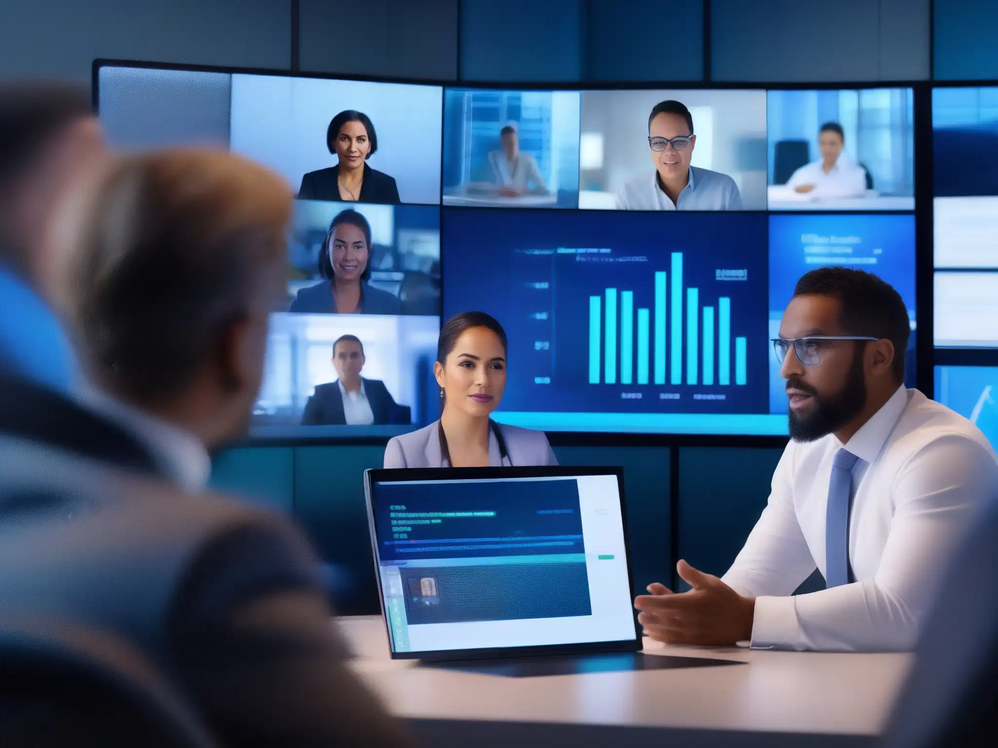 Reunión de crisis con tecnología 5G de vanguardia Profesionales en videoconferencia para gestión de crisis, con alta tecnología y datos visibles en pantalla