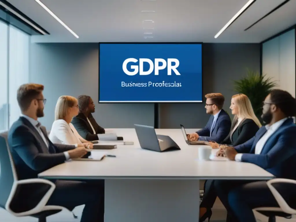 Profesionales de negocio en videoconferencia cumpliendo con GDPR Profesionales en videoconferencia discutiendo cumplimiento GDPR y mejores prácticas