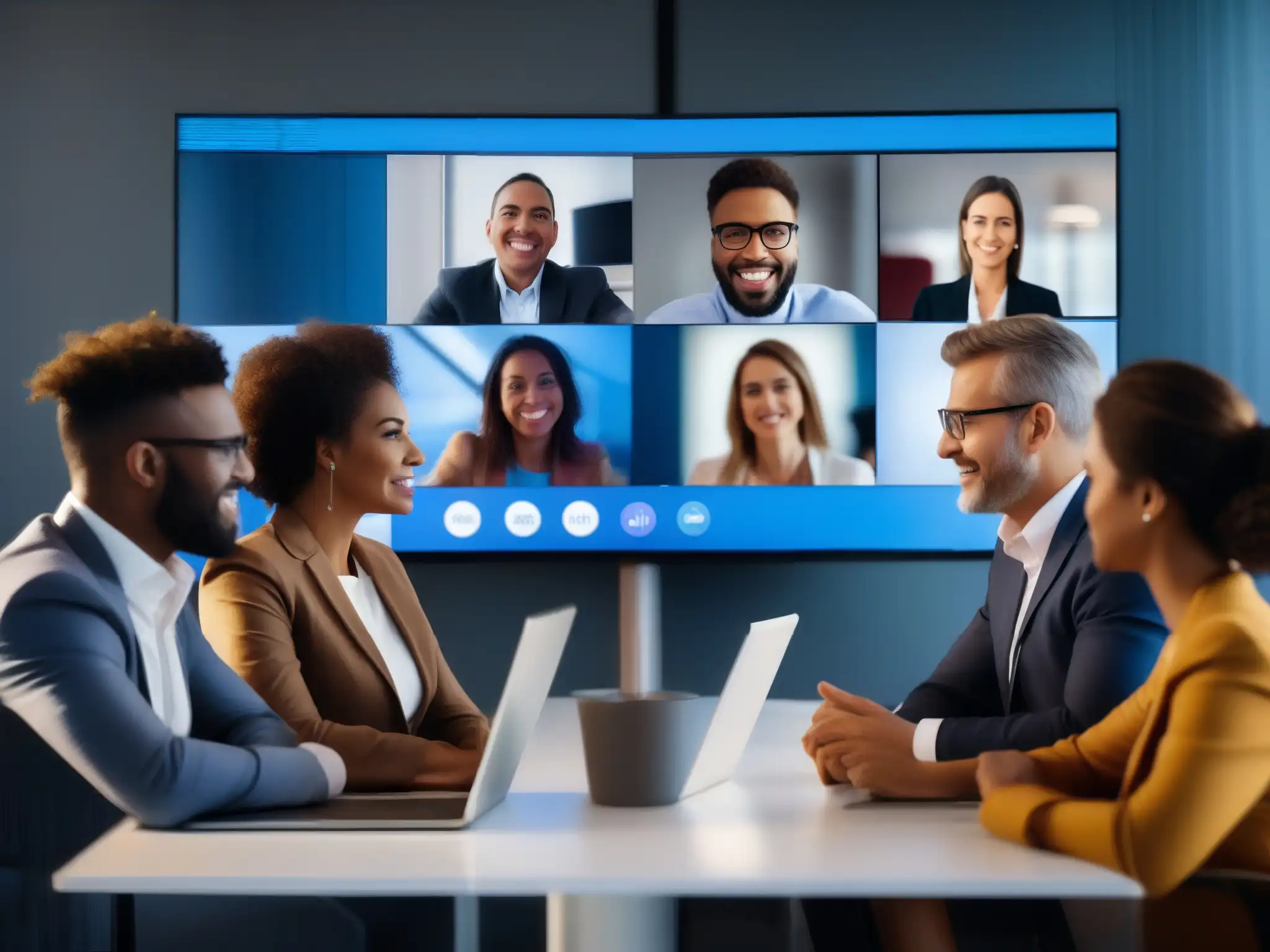 Profesionales comprometidos en videoconferencia por GDPR Profesionales en videoconferencia discutiendo cumplimiento GDPR
