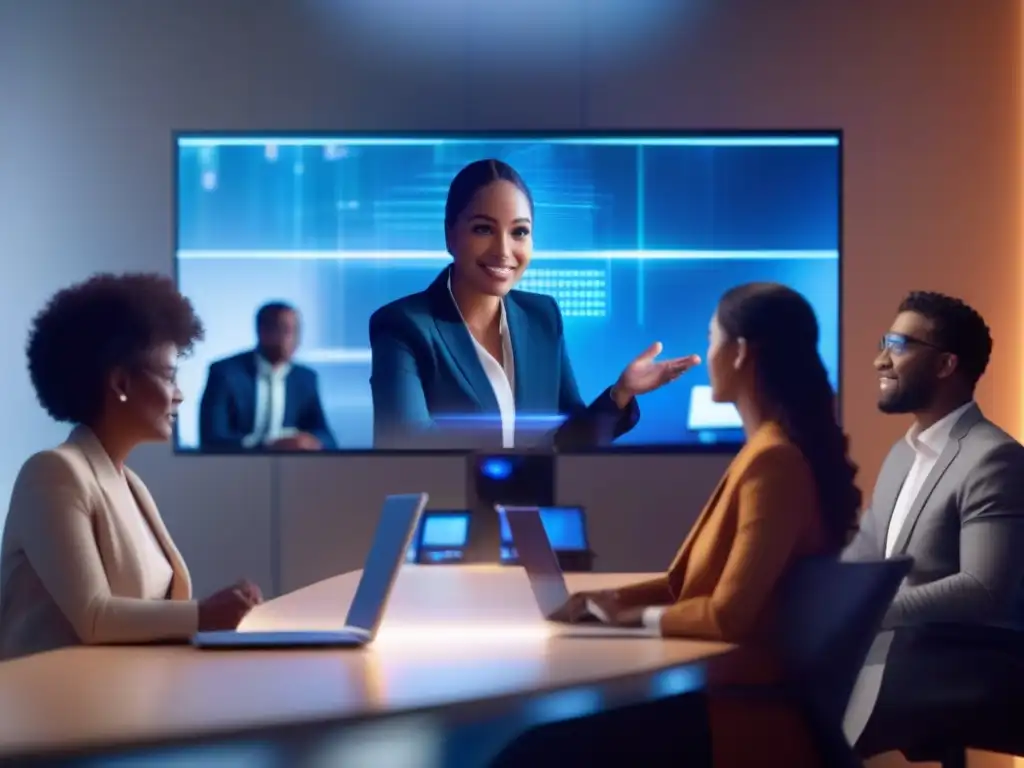 Profesionales en videoconferencia con IA Profesionales diversos colaboran en una videoconferencia, con datos y algoritmos de IA