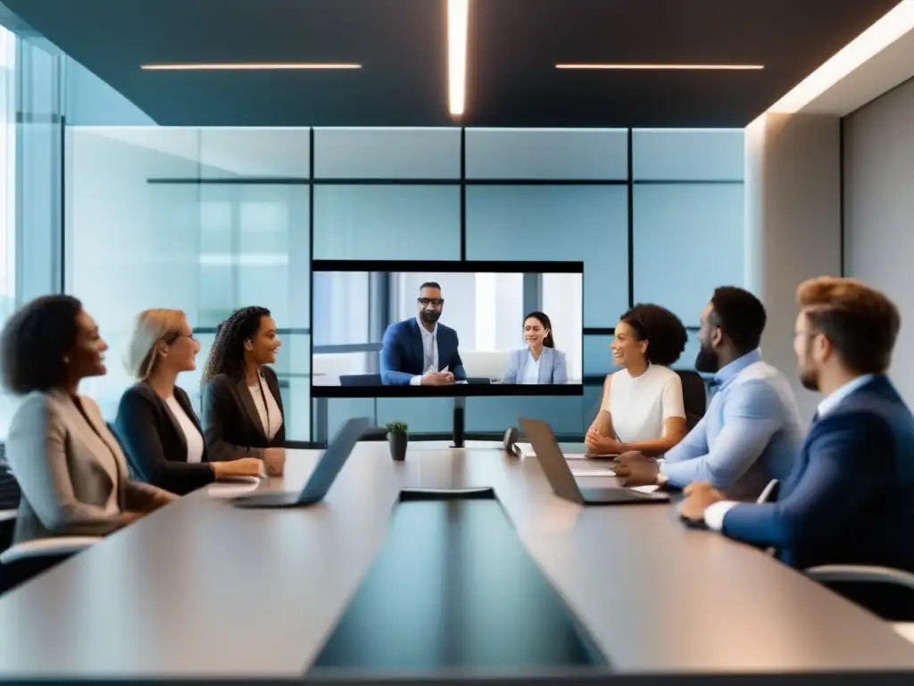 Profesionales en videoconferencia: Ambiente moderno y profesional Profesionales en videoconferencia con protección de datos, en ambiente cálido y moderno, en una oficina bien iluminada