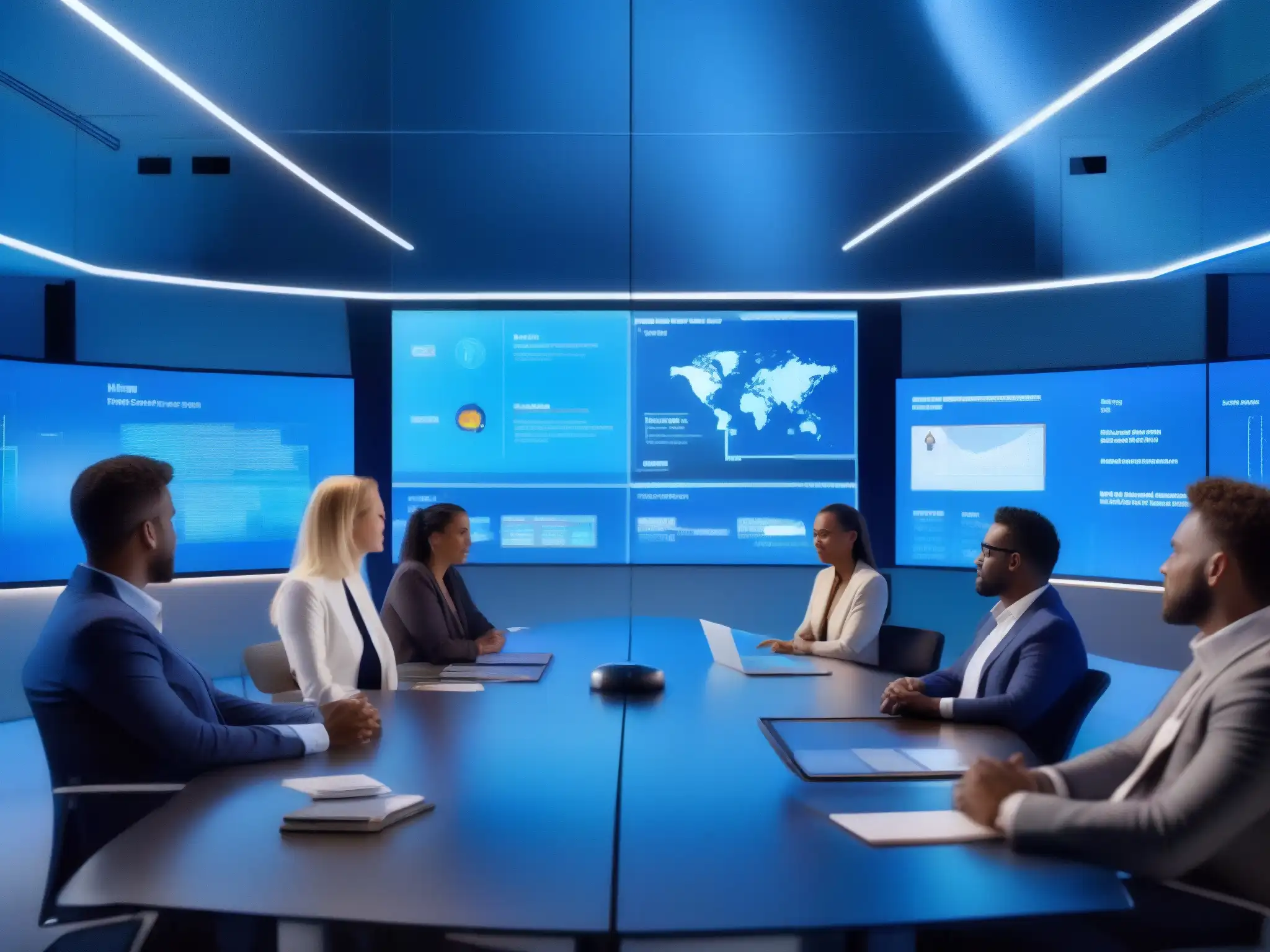 Sala de conferencias futurista con análisis de datos en tiempo real Profesionales en videoconferencia API, analizando datos en tiempo real en una sala futurista bañada en luz azul suave