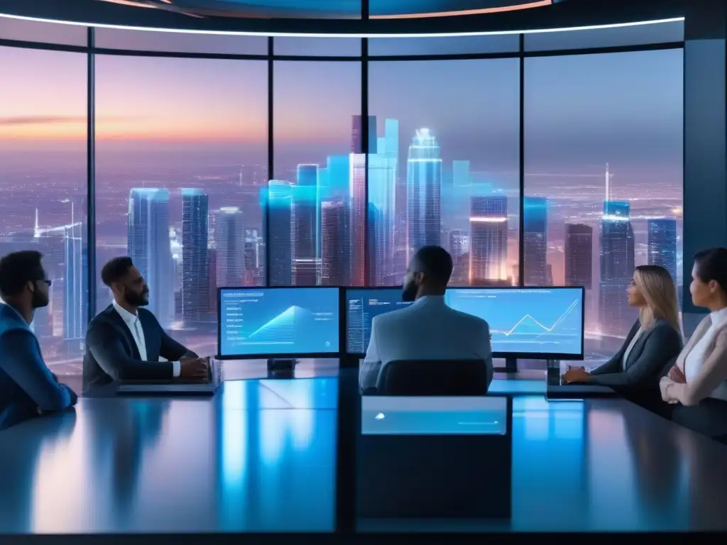 Reunión virtual futurista con inteligencia artificial Profesionales en videoconferencia con IA, datos y vista futurista