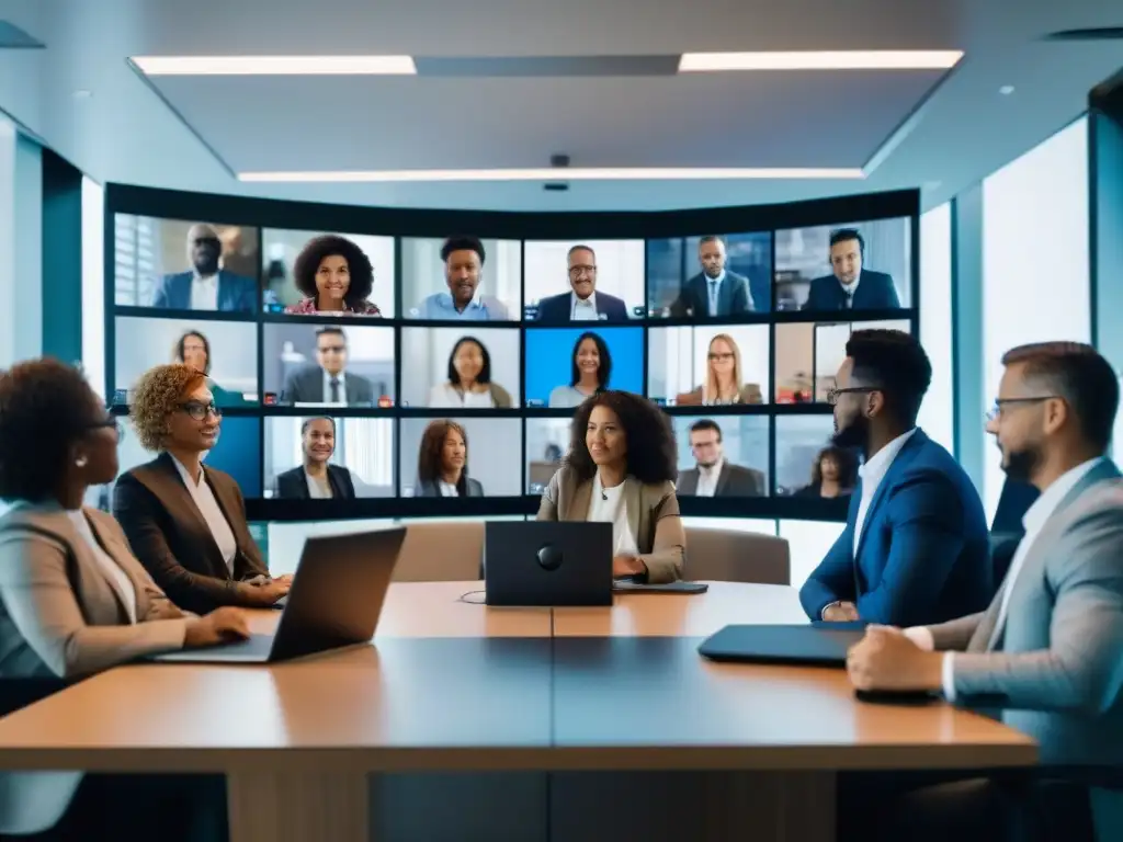 Cybersecurity en Videoconferencia Global: Profesionales Colaborativos Profesionales en videoconferencia discuten desafíos ciberseguridad