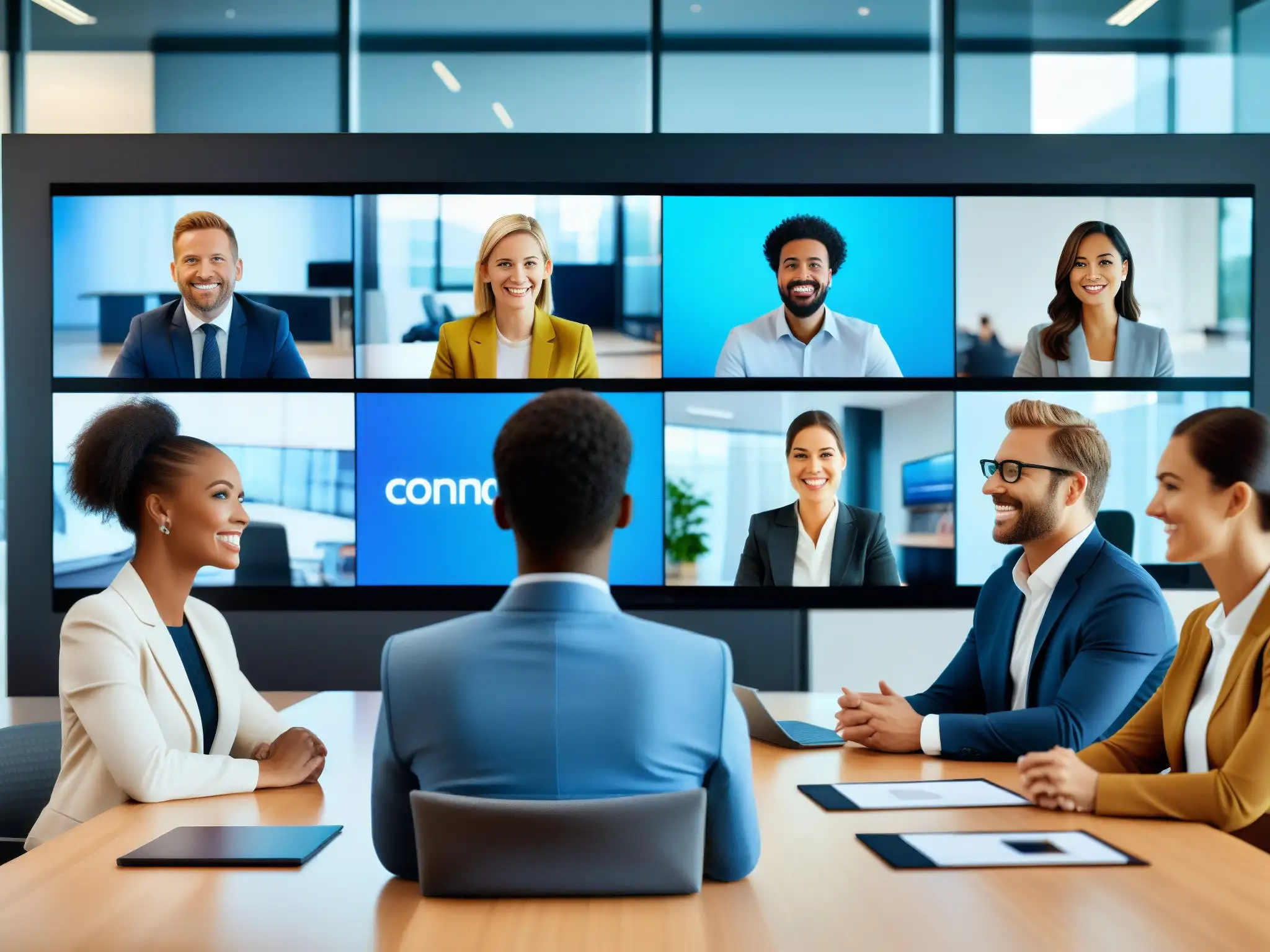 Videoconferencia 8K: Profesionales en Acción Profesionales en videoconferencia 8K, mostrando detalles nítidos y expresiones claras