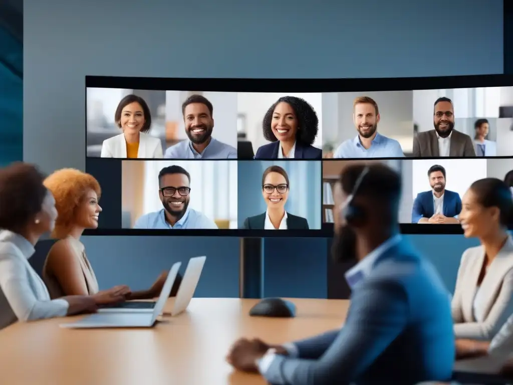 Videoconferencia dinámica: Profesionales colaborando en entorno virtual Profesionales diversos participando activamente en una videoconferencia, mostrando la dinámica naturaleza del teletrabajo