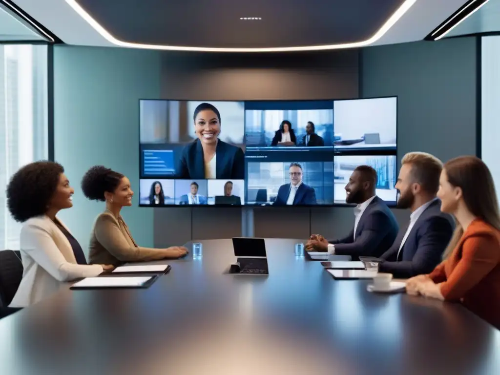Sala de videoconferencias moderna y colaborativa Profesionales colaborando en una videoconferencia dinámica y profesional
