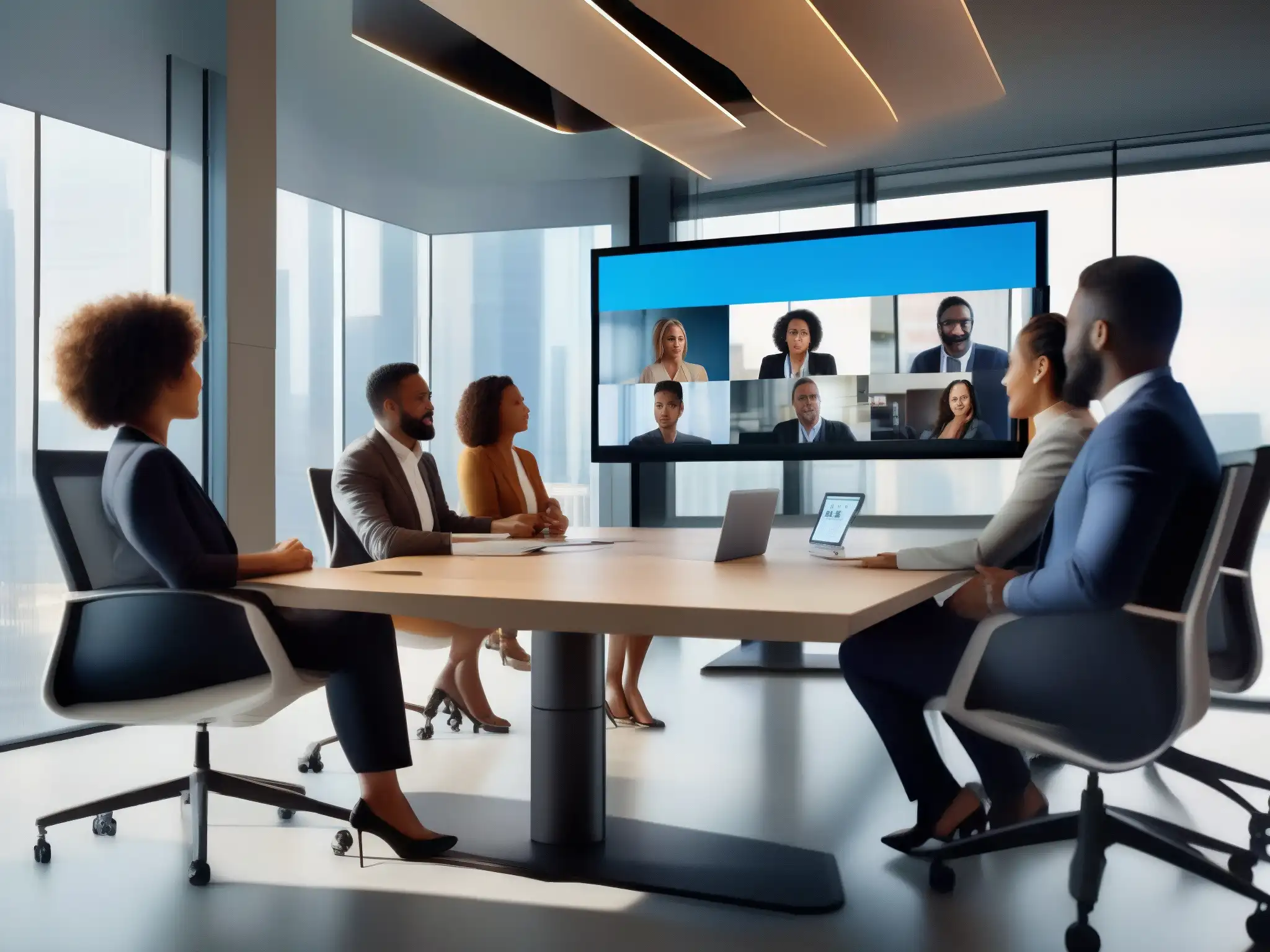 Reunión virtual dinámica de profesionales diversos Profesionales colaborando en una videoconferencia dinámica en una sala moderna