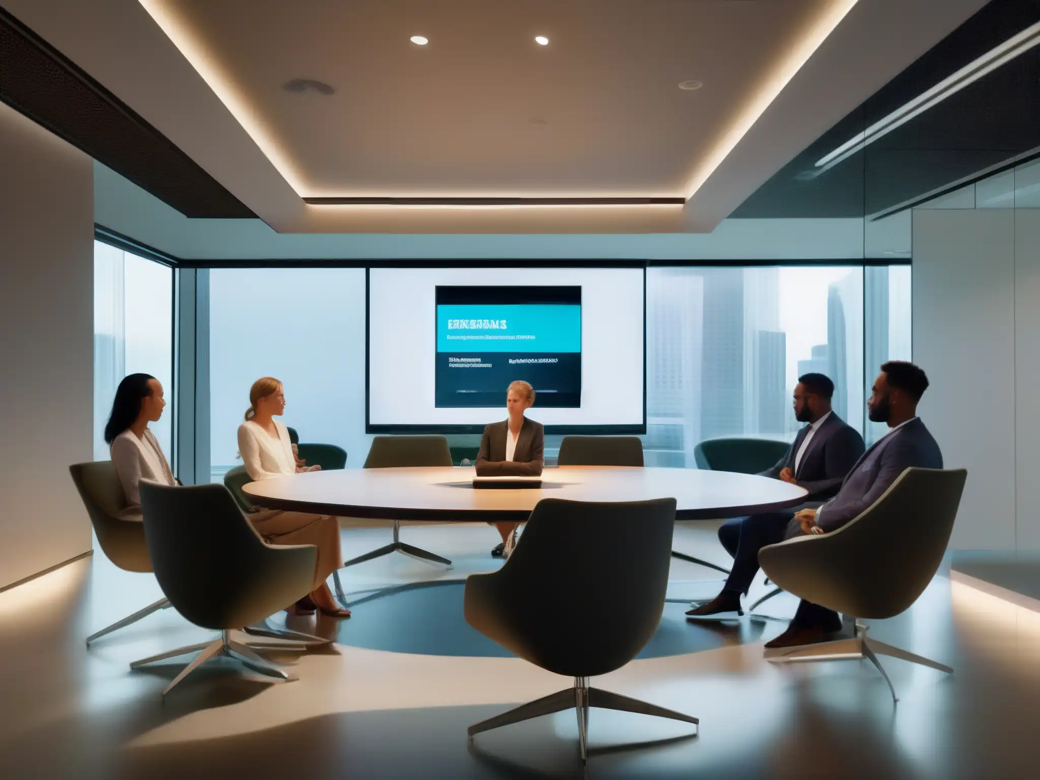 Profesionales colaboran en una videoconferencia dinámica en una sala moderna