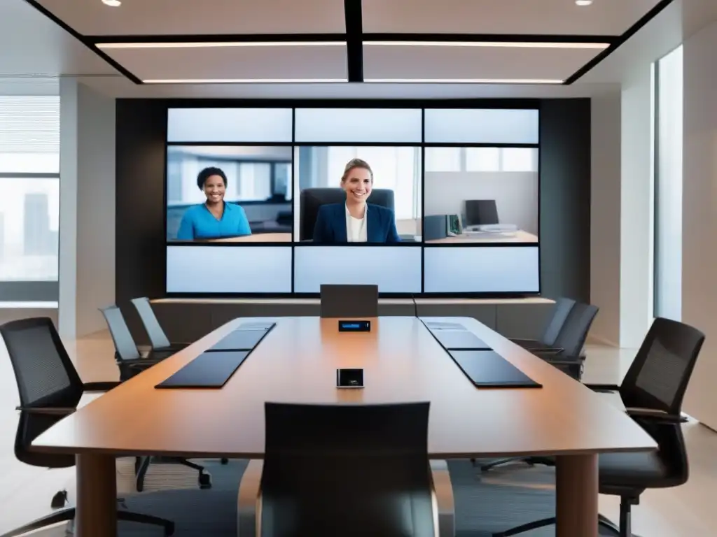 Sala de videoconferencias de vanguardia en ambiente profesional Profesionales colaborando en una videoconferencia dinámica con tecnología de APIs para videoconferencias profesionales en una oficina moderna y elegante