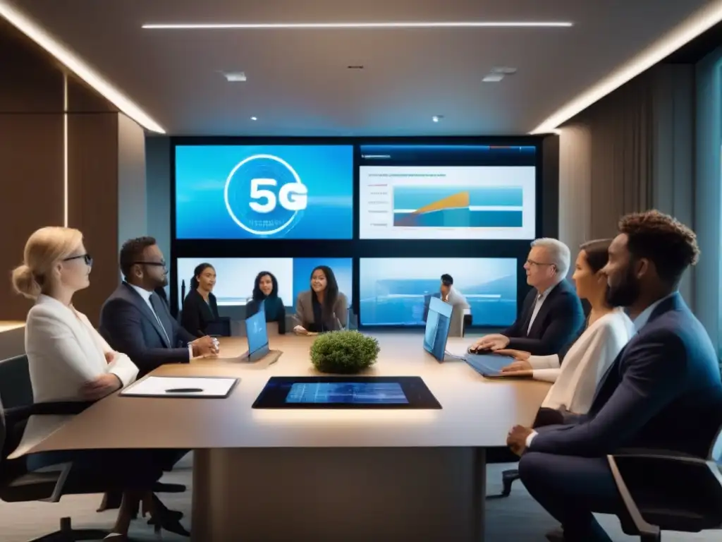 Videoconferencia profesional en alta definición Profesionales en videoconferencia con dispositivos en 8K, decoración moderna y conectividad 5G