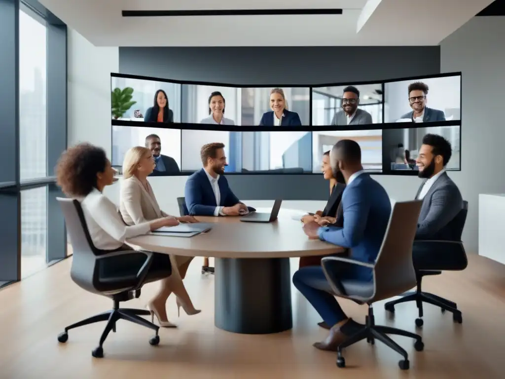 Profesionales en videoconferencia: Integración moderna y profesional Profesionales participan en una videoconferencia, con dispositivos modernos