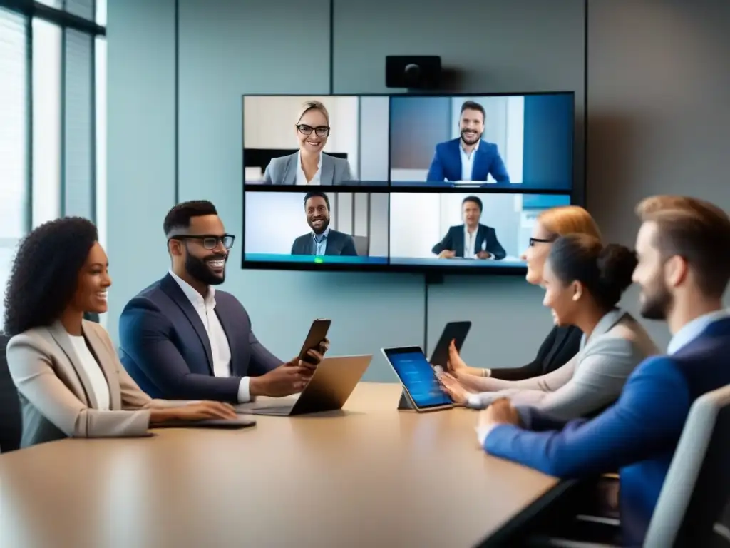 Videoconferencia Android: Profesionales enfocados y productivos Profesionales en videoconferencia con dispositivos móviles, creando un entorno colaborativo y eficiente