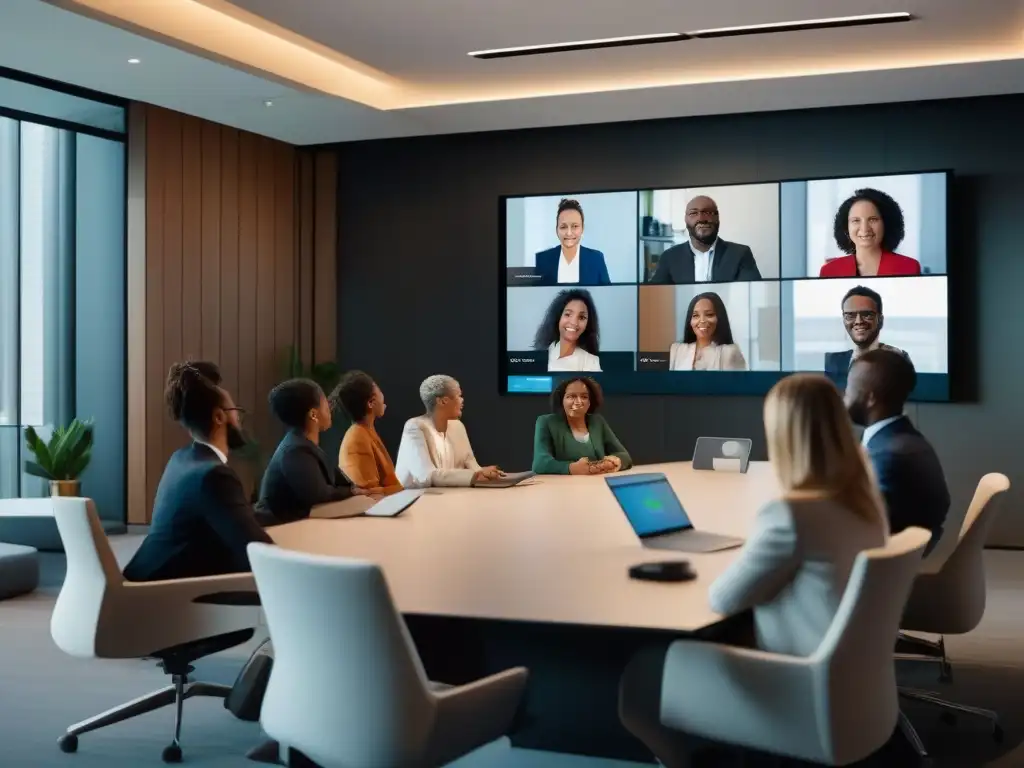Reunión profesional en video: colaboración eficaz y moderna Profesionales colaborando en una videoconferencia efectiva y moderna
