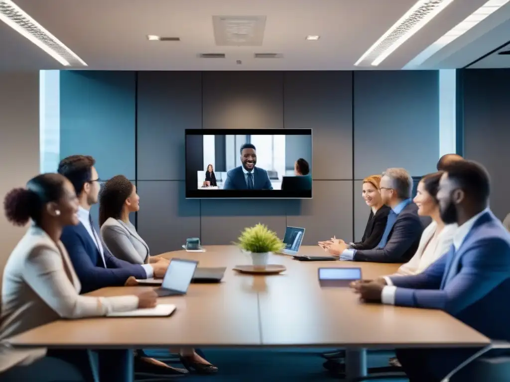 Reunión virtual de profesionales: colaboración efectiva en videoconferencia Profesionales participan activamente en videoconferencia, destacando la efectividad de comparativa herramientas videoconferencia colaboración remota
