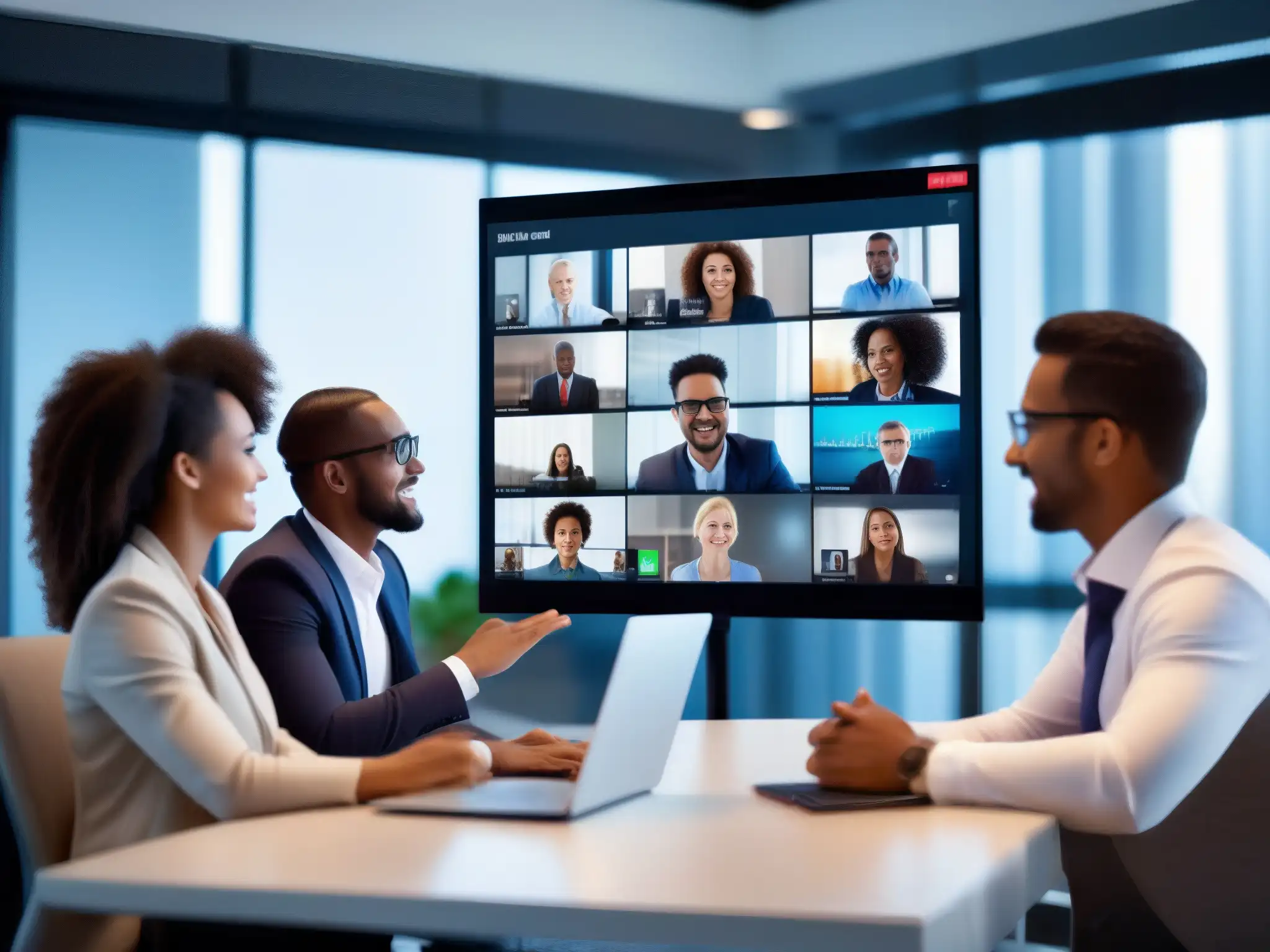 Reunión virtual de profesionales: colaboración eficiente Profesionales colaboran en una videoconferencia, mostrando eficacia en métodos de evaluación en videoconferencia