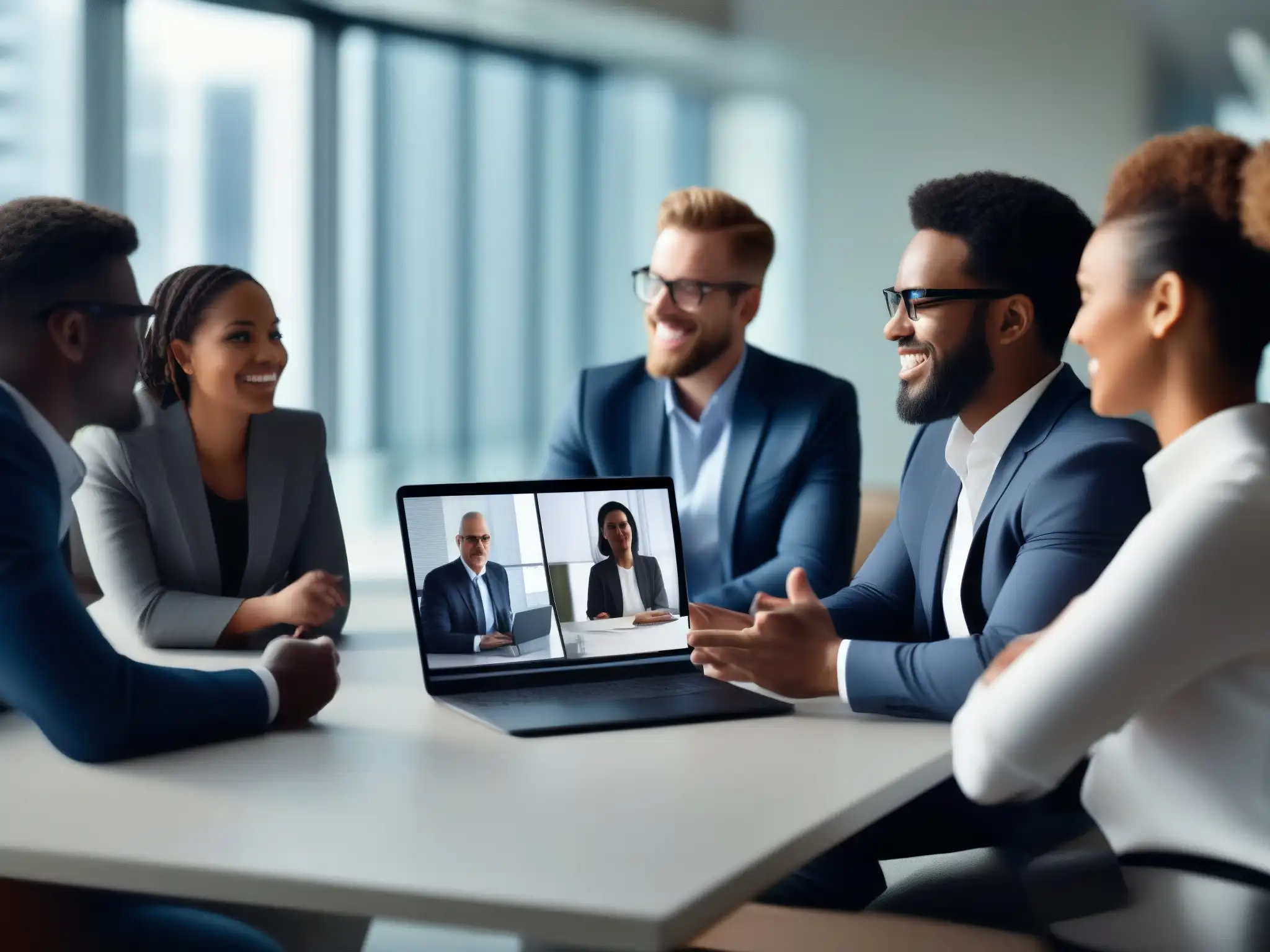 Reunión virtual de profesionales con dispositivos modernos Profesionales en videoconferencia, colaboración multiplataforma y eficiencia