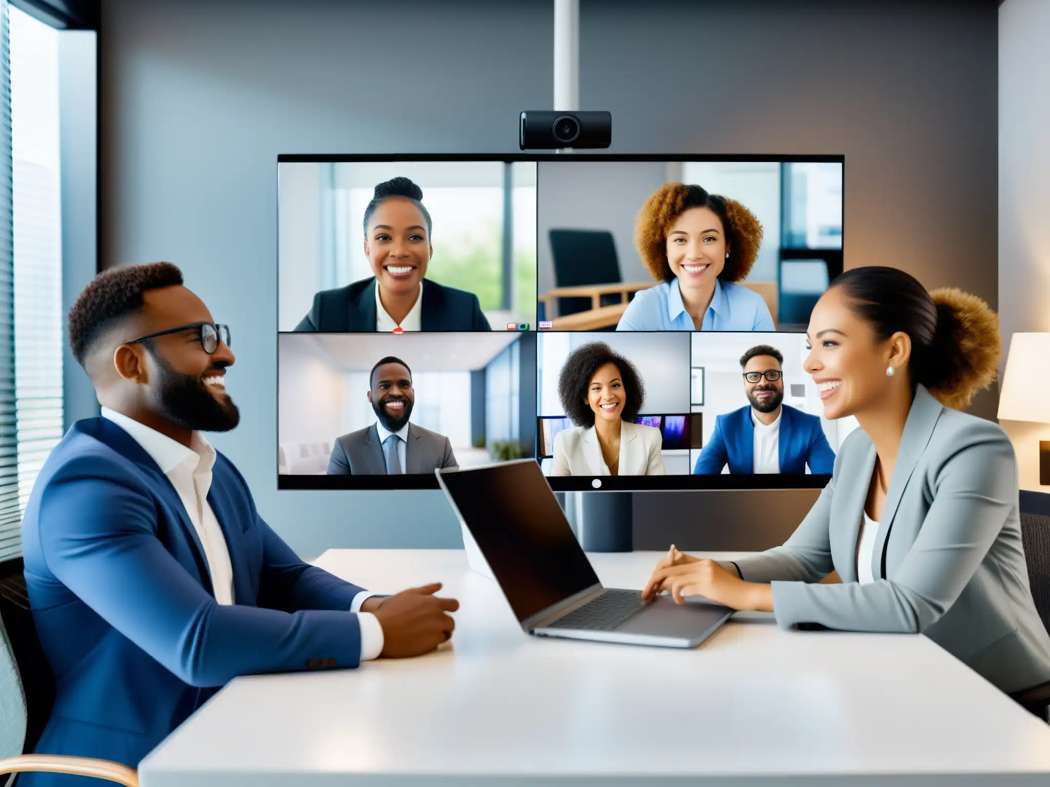 Reunión virtual de profesionales: colaboración dinámica y eficiente Profesionales colaborando en una videoconferencia, destacando la eficiencia y conectividad