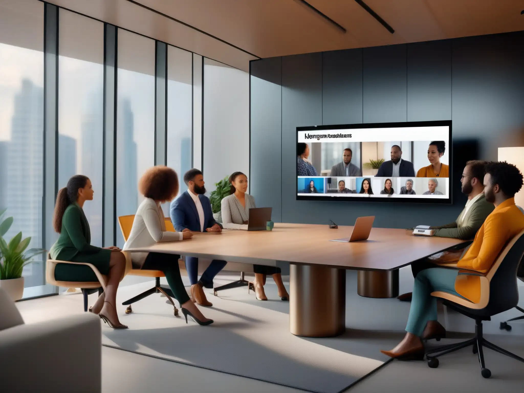 Reunión virtual de profesionales en Amazon Chime: eficiencia y conexión Profesionales colaborando en videoconferencia con Amazon Chime, mostrando eficiencia y conectividad