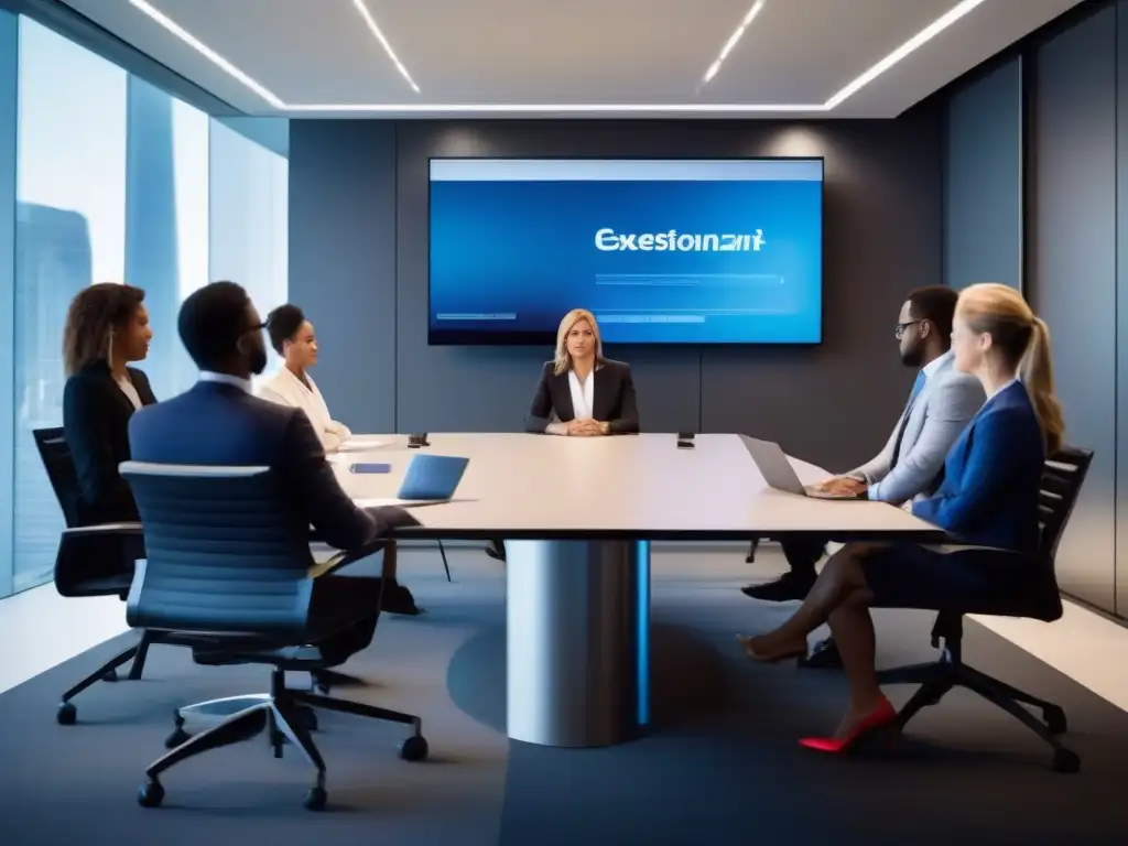 Reunión virtual de profesionales en oficina moderna Profesionales en videoconferencia, eficiencia y productividad en reunión virtual, ambiente moderno y profesional