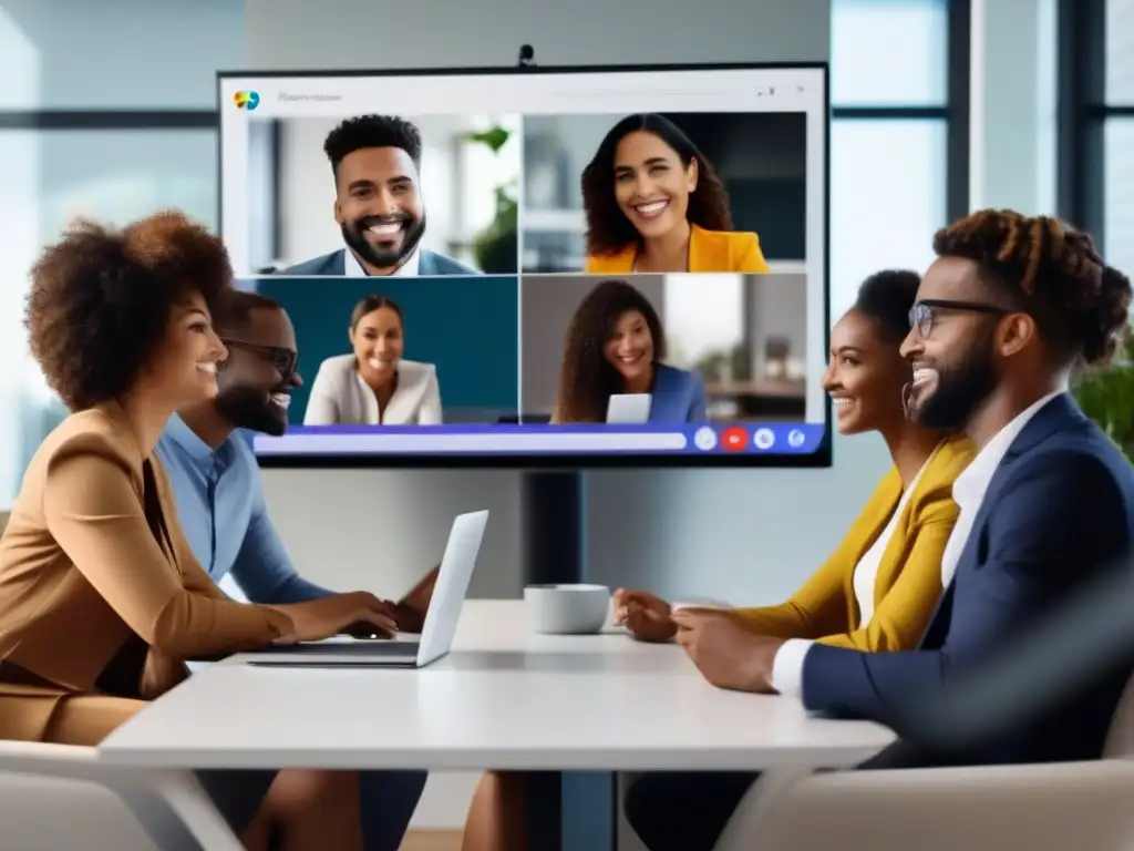 Profesionales colaborando en videoconferencia con Google Meet Profesionales colaborando en videoconferencia con Google Meet, reflejando eficiencia y trabajo en equipo